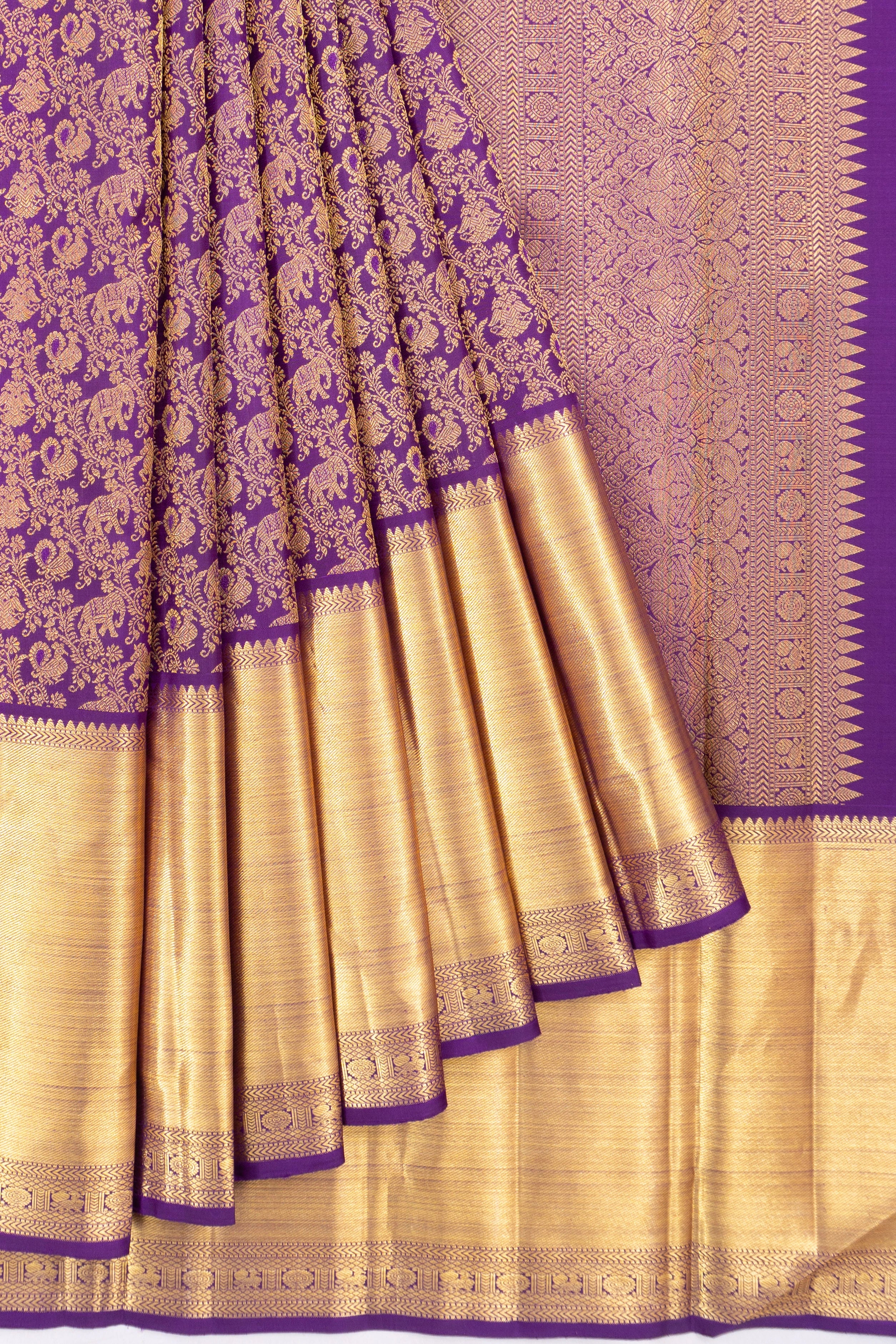 Kanchipuram Silk Jaal Violet Saree With Very Big Border