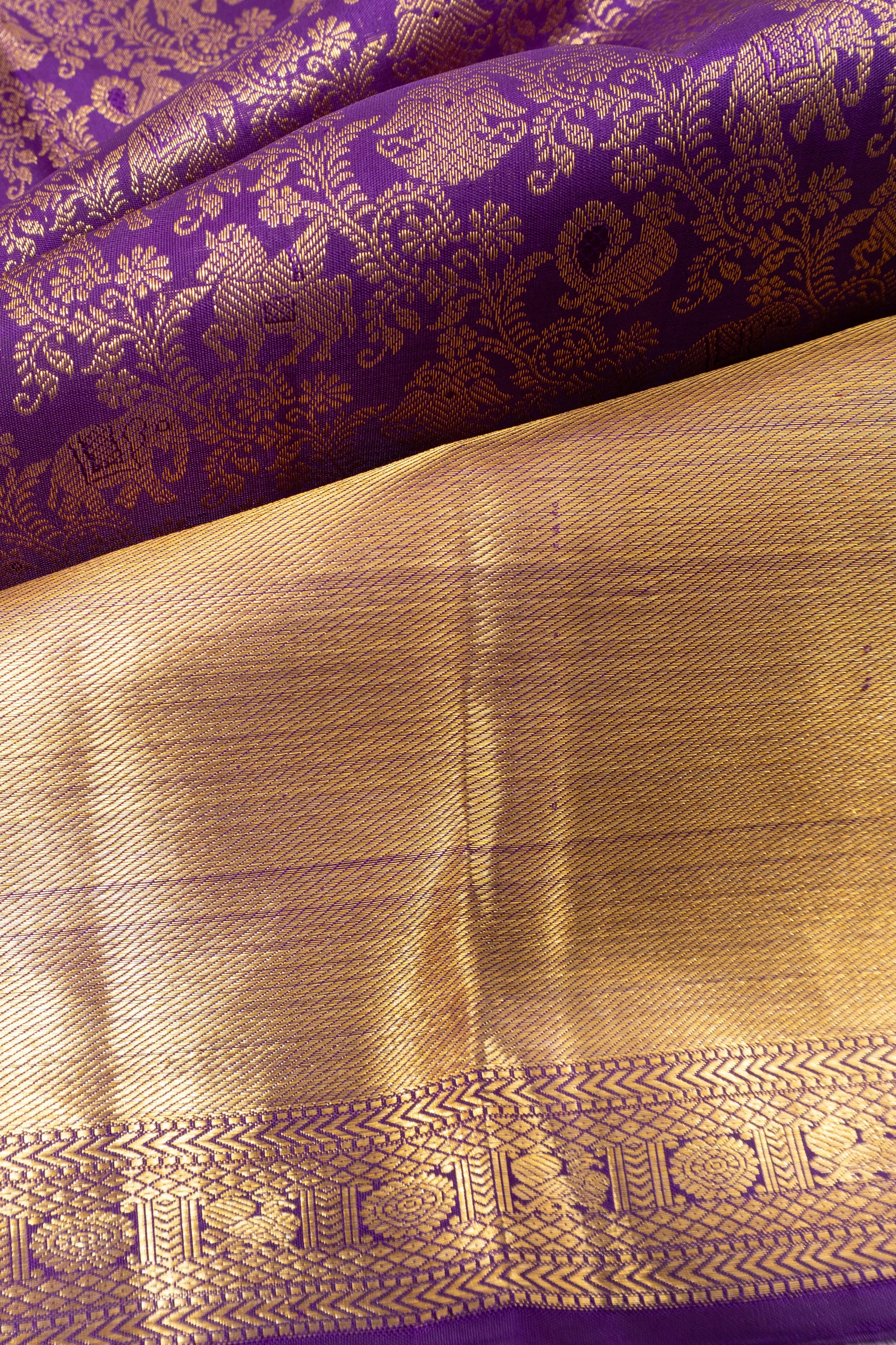 Kanchipuram Silk Jaal Violet Saree With Very Big Border