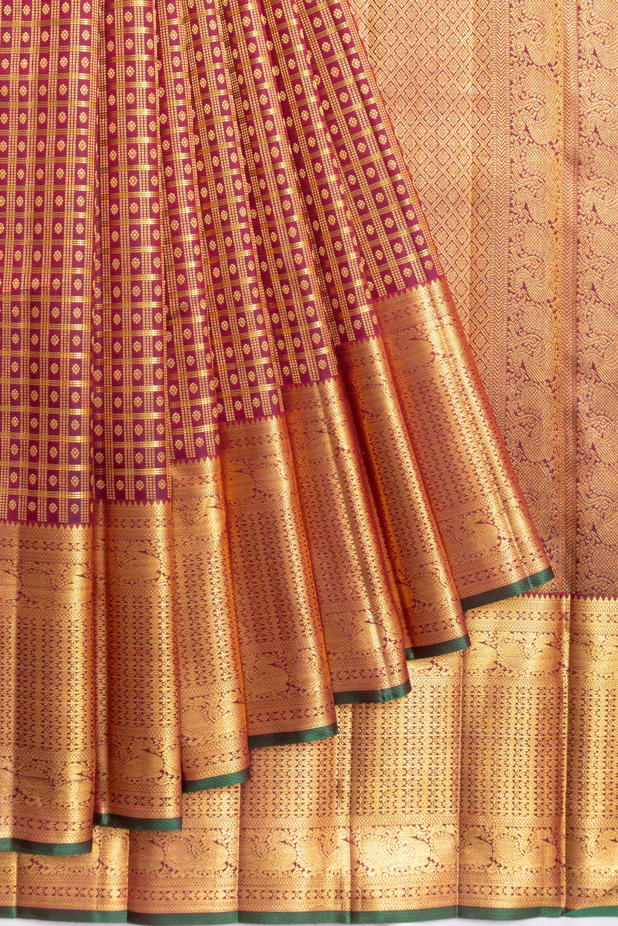 Kanchipuram Silk Checks And Butta Maroon Saree