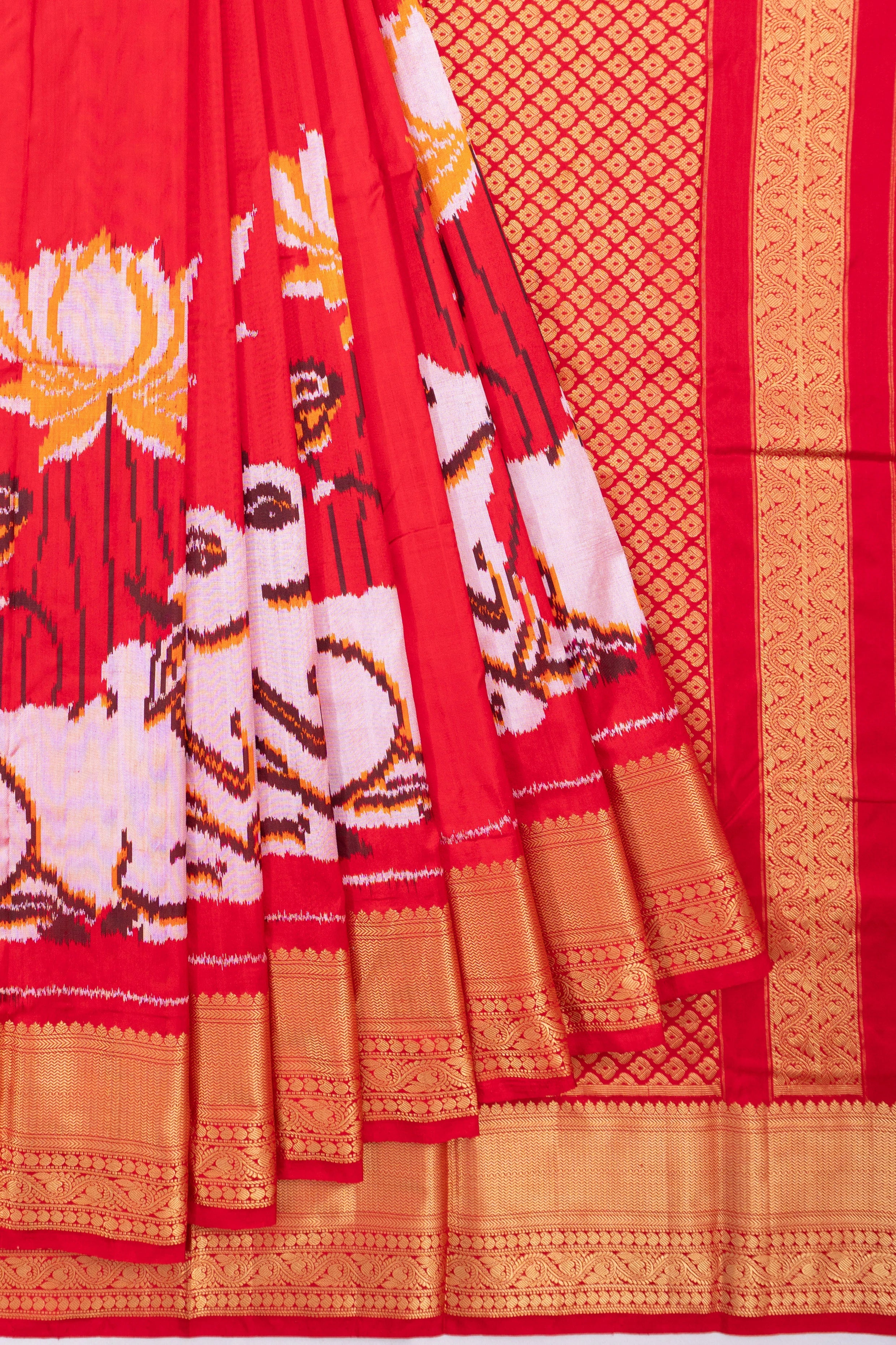 Kanchipuram Silk Ikat Red Saree With Pichwai Motif