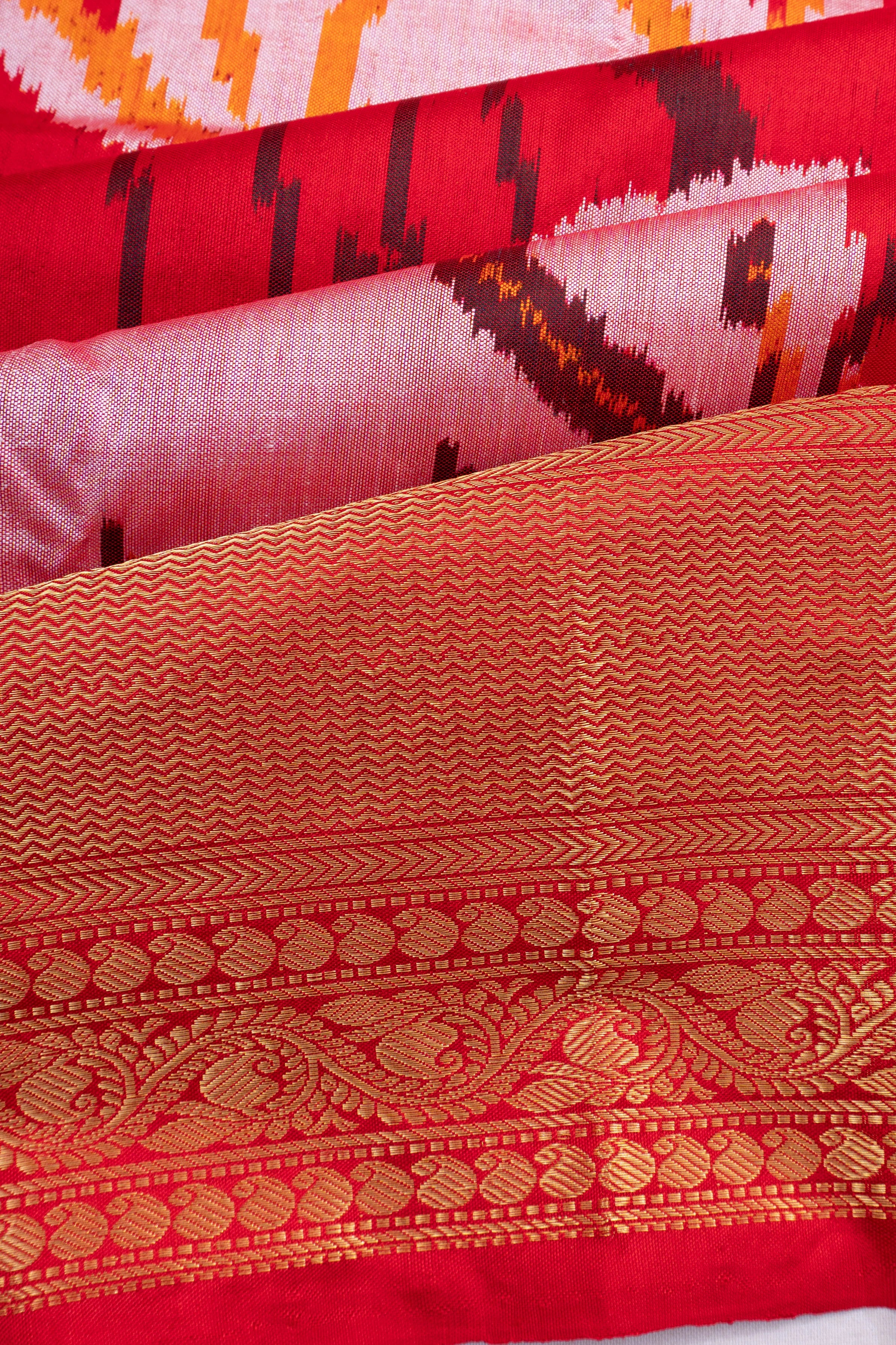 Kanchipuram Silk Ikat Red Saree With Pichwai Motif