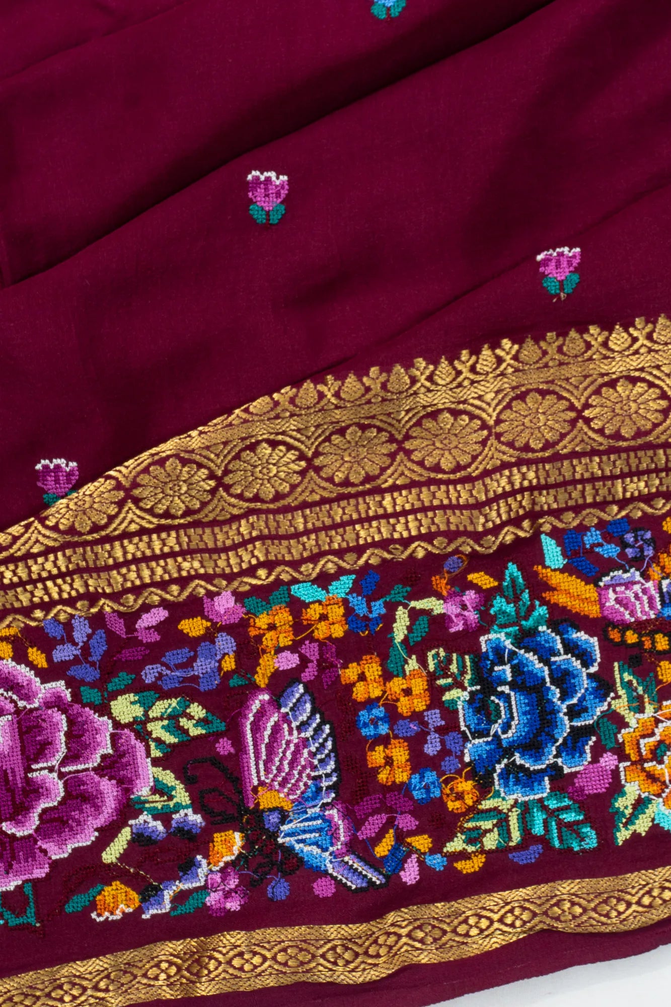 Crepe Georgette Butta Maroon Saree With Embroidery Border