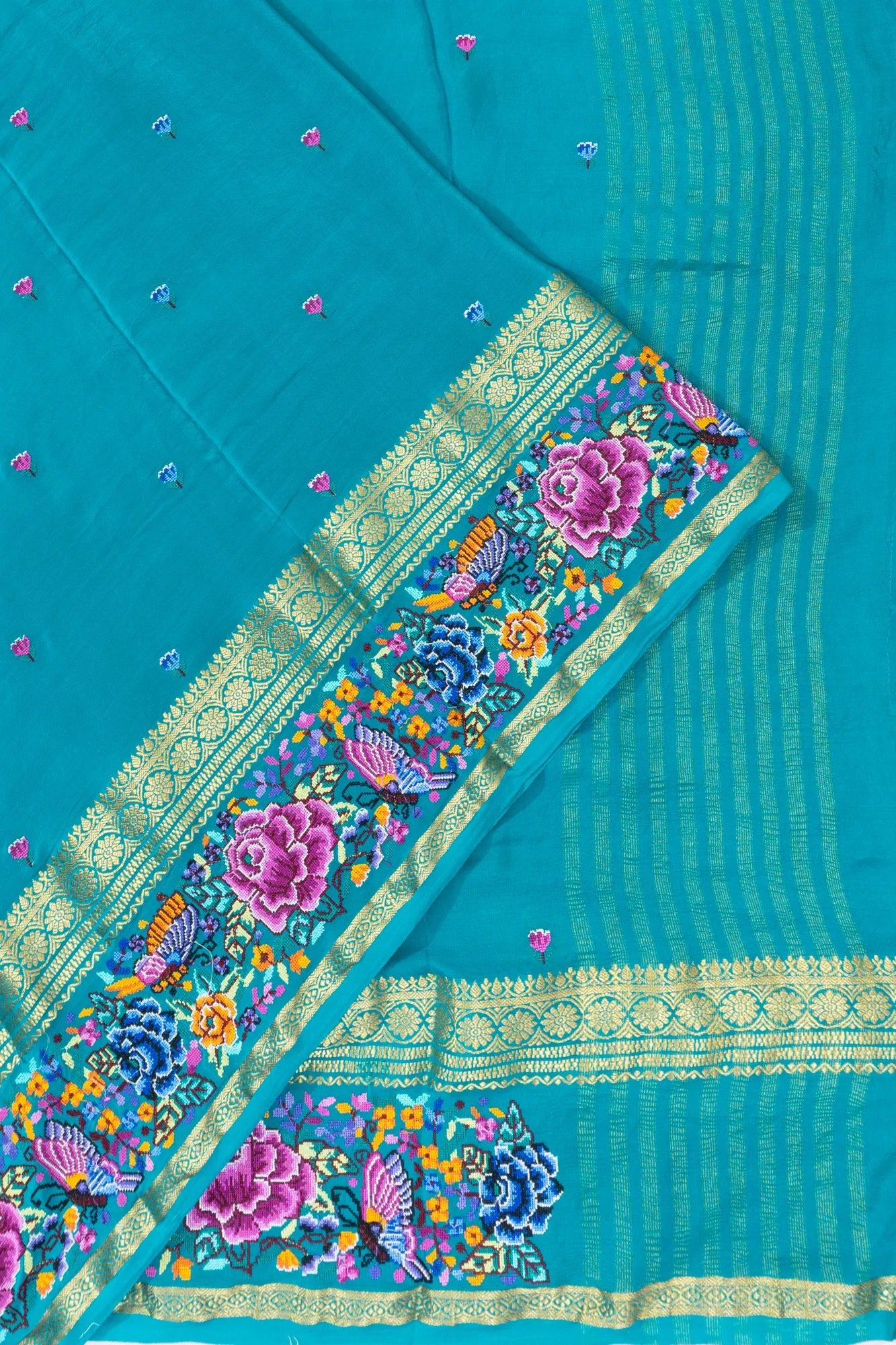 Crepe Georgette Butta Sky Blue Saree With Embroidery Border