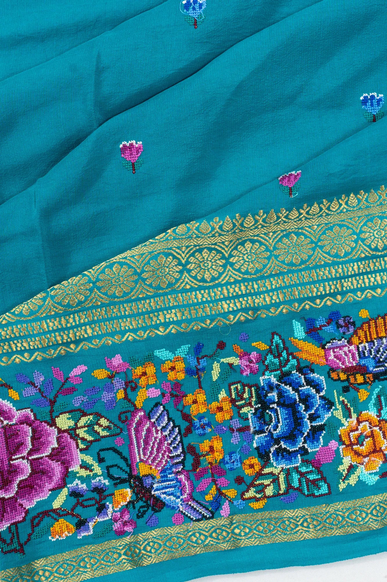 Crepe Georgette Butta Sky Blue Saree With Embroidery Border