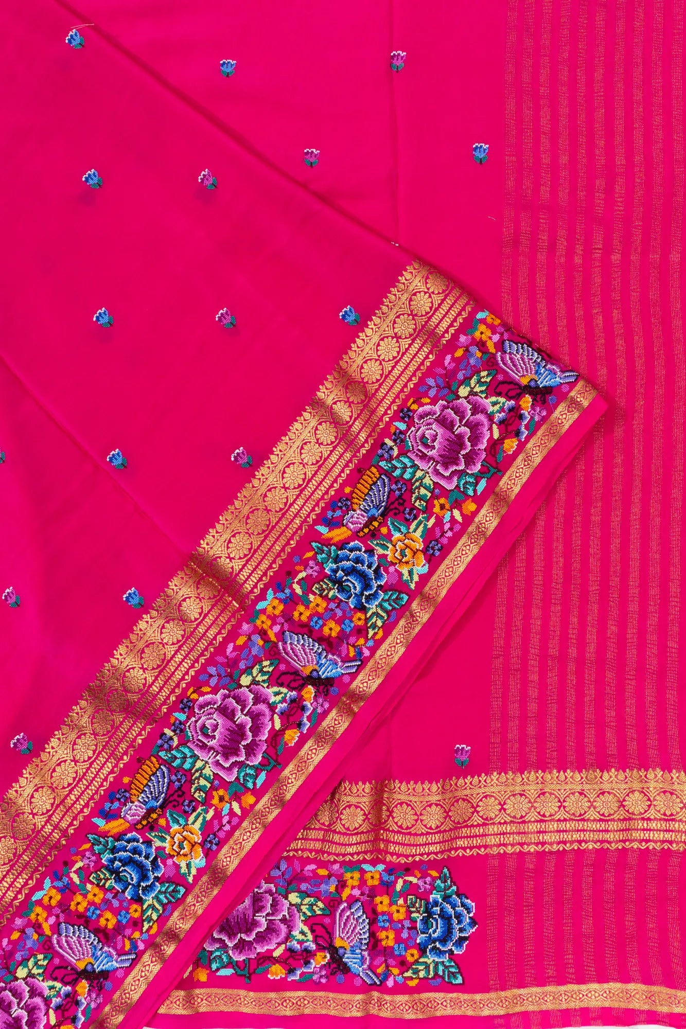 Crepe Georgette Butta Pink Saree With Embroidery Border