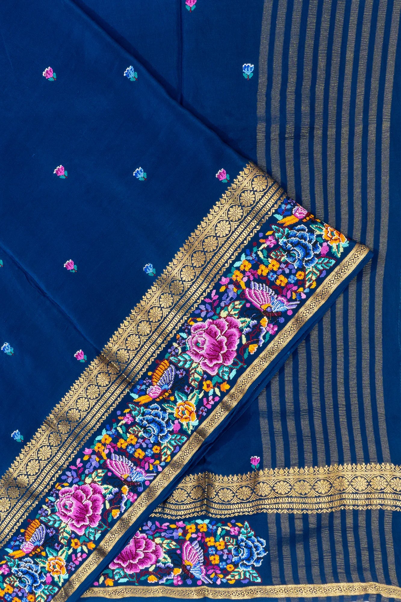 Crepe Georgette Butta Dark Blue Saree With Embroidery Border