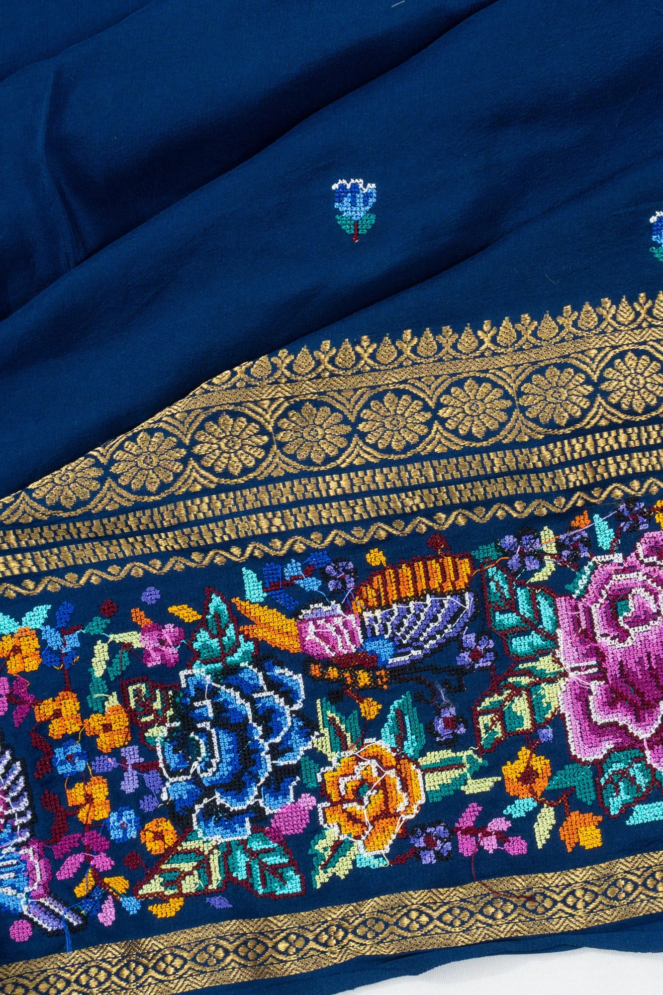 Crepe Georgette Butta Dark Blue Saree With Embroidery Border