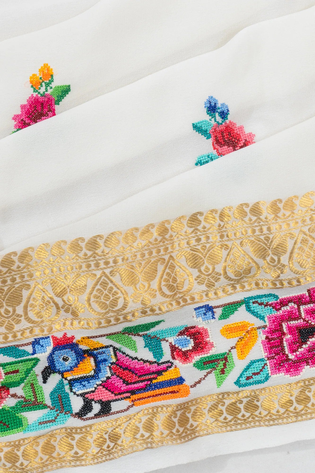 Crepe Georgette Butta White Saree With Embroidery Border