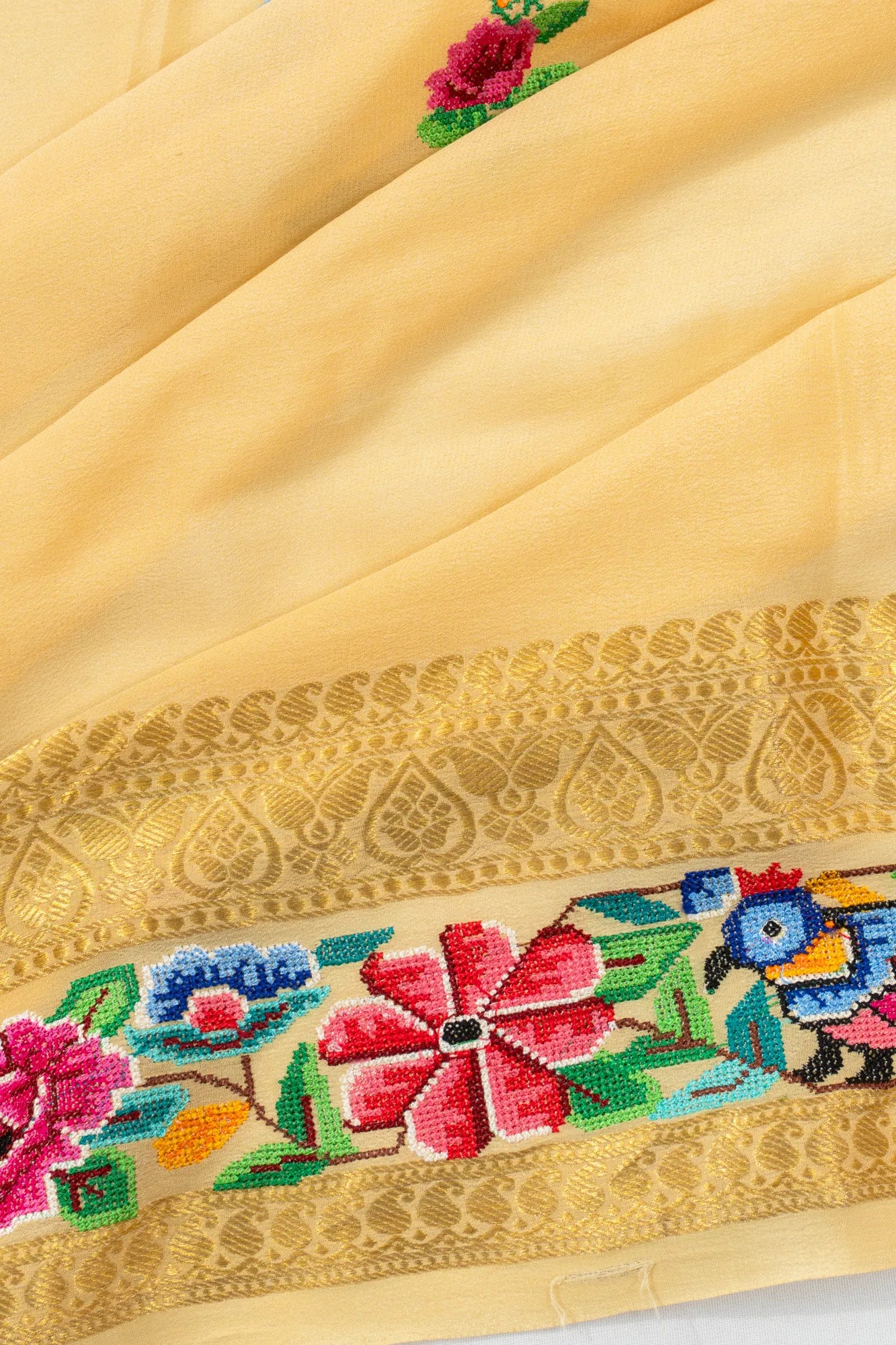 Crepe Georgette Butta Cream Saree With Embroidery Border