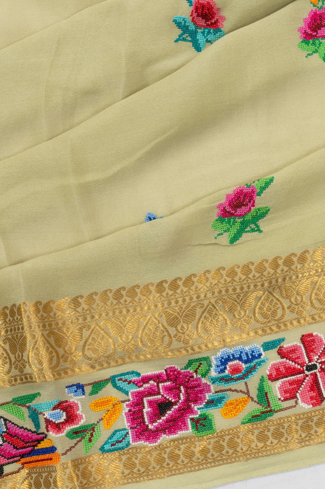 Crepe Georgette Butta Pista Green Saree With Embroidery Border