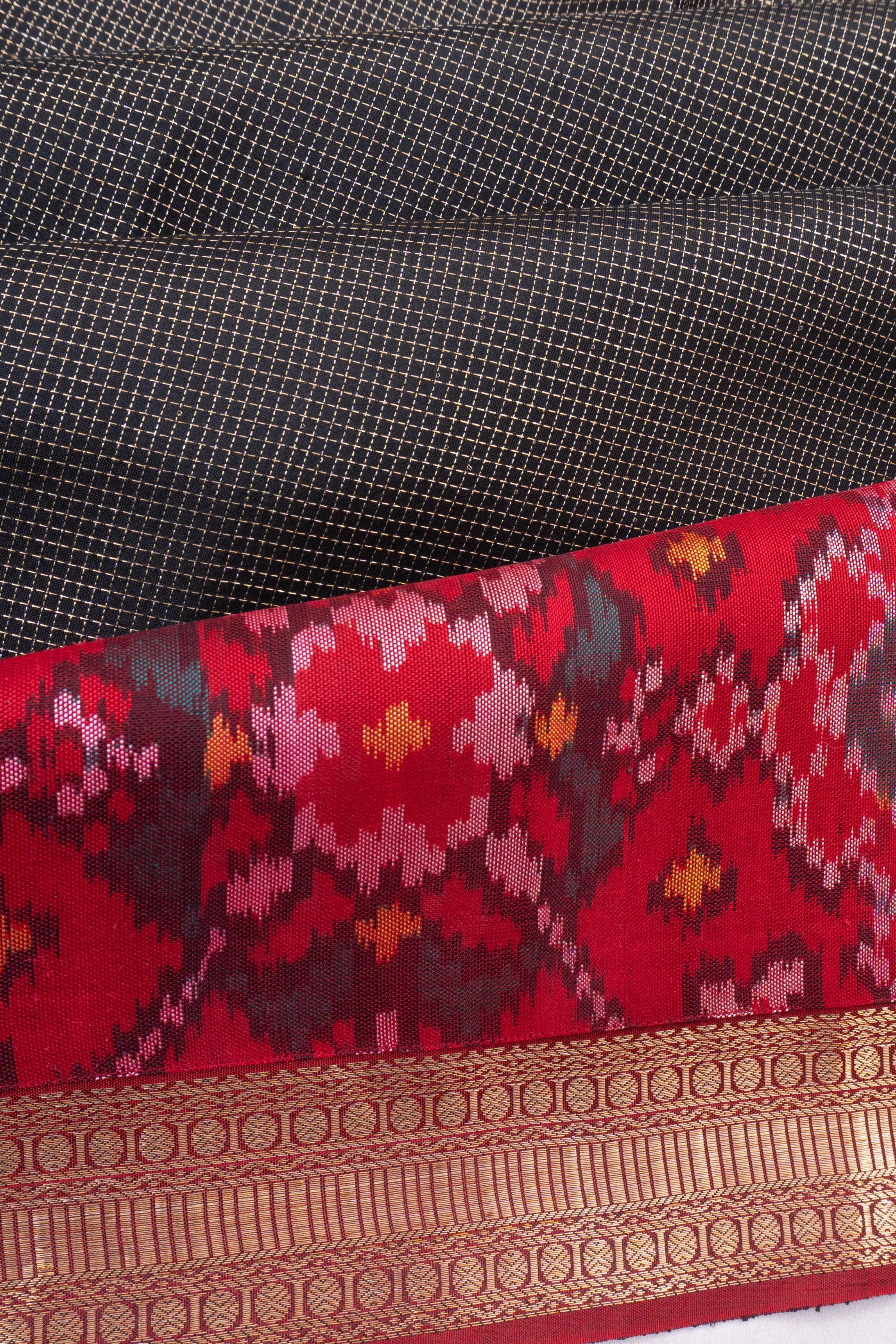 Semi Patan X Kanchipuram Silk Checks Black Saree With Rettai Pettu Border