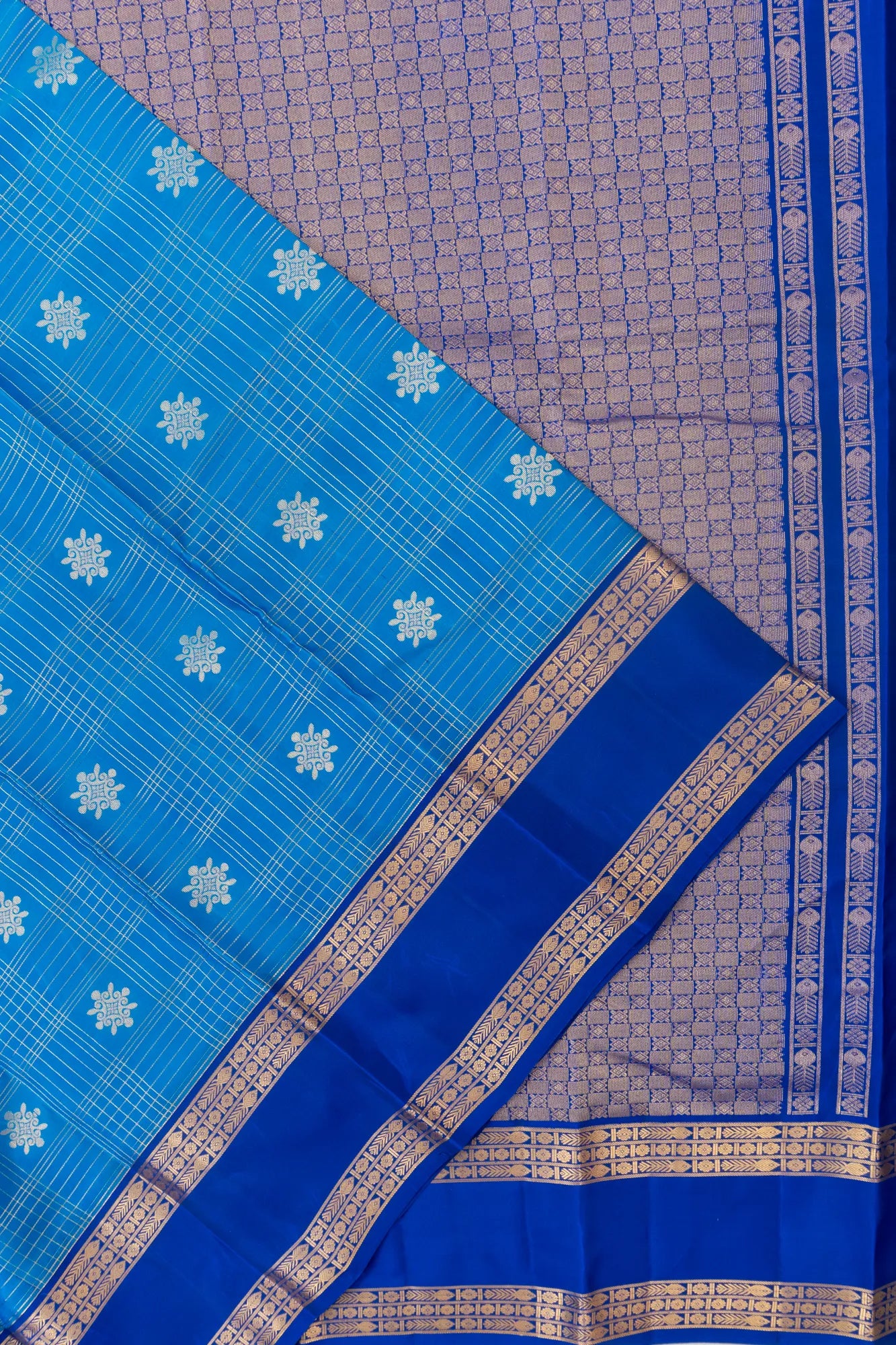 Dharmavaram Silk Checks And Butta Blue Saree With Rettai Pettu Border