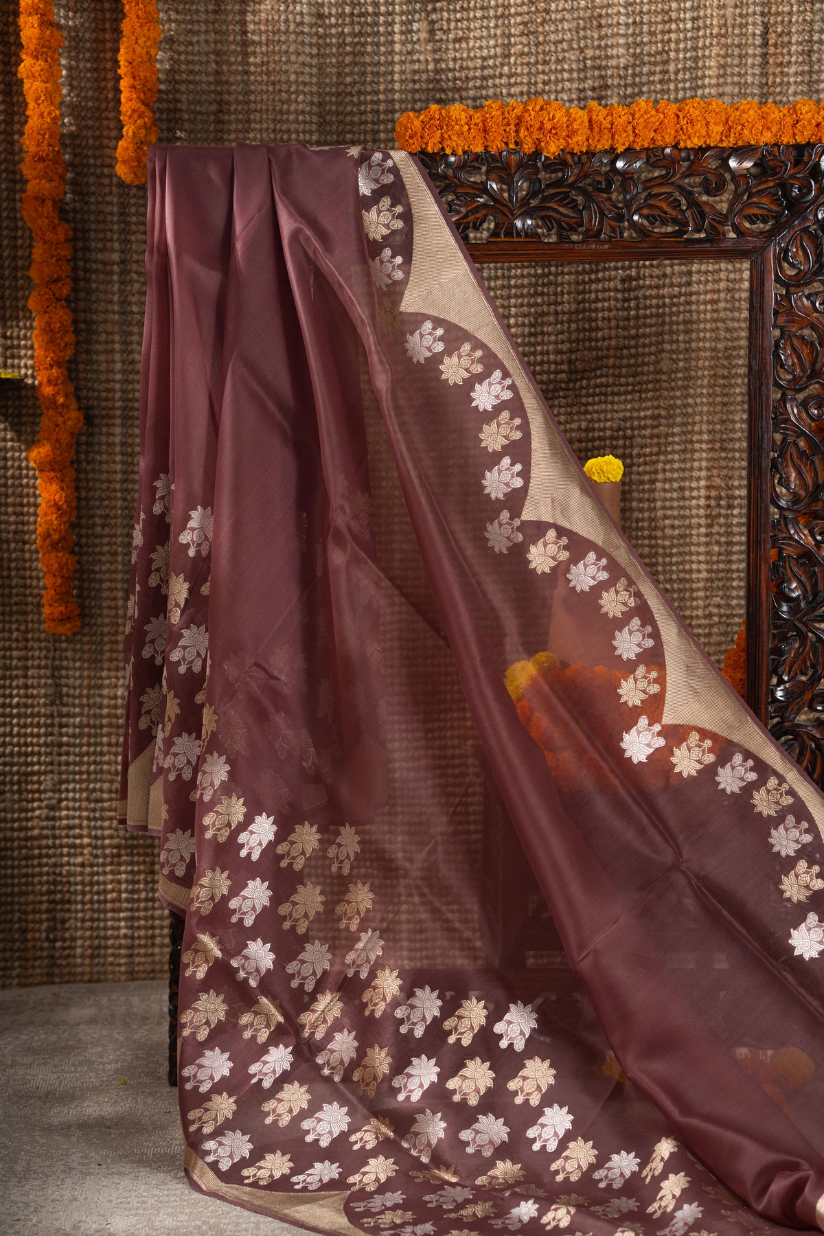 Banarasi Kora Organza Butta Brown Saree
