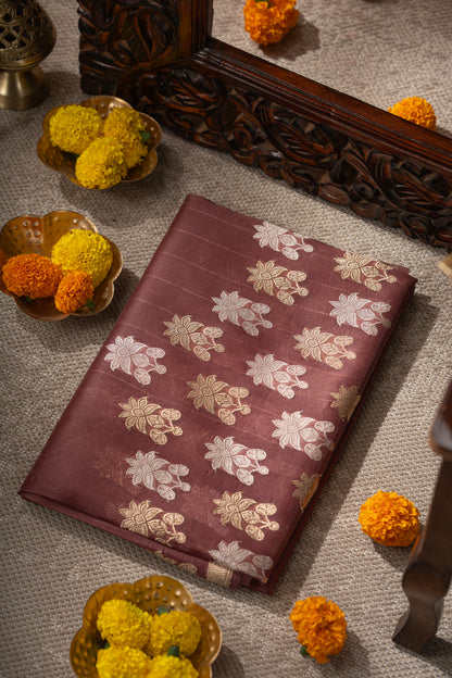 Banarasi Kora Organza Butta Brown Saree