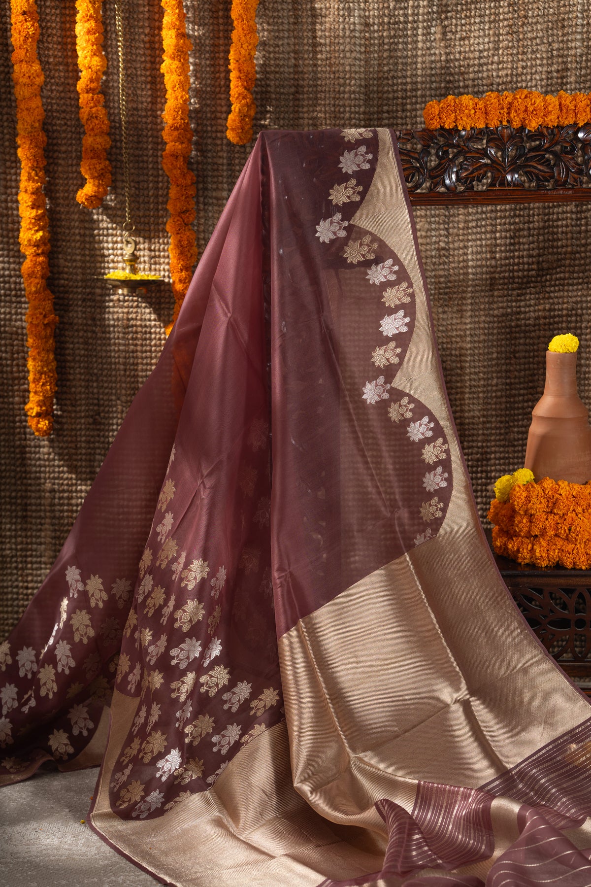 Banarasi Kora Organza Butta Brown Saree