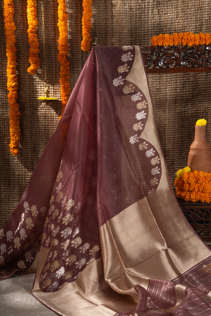 Banarasi Kora Organza Butta Brown Saree