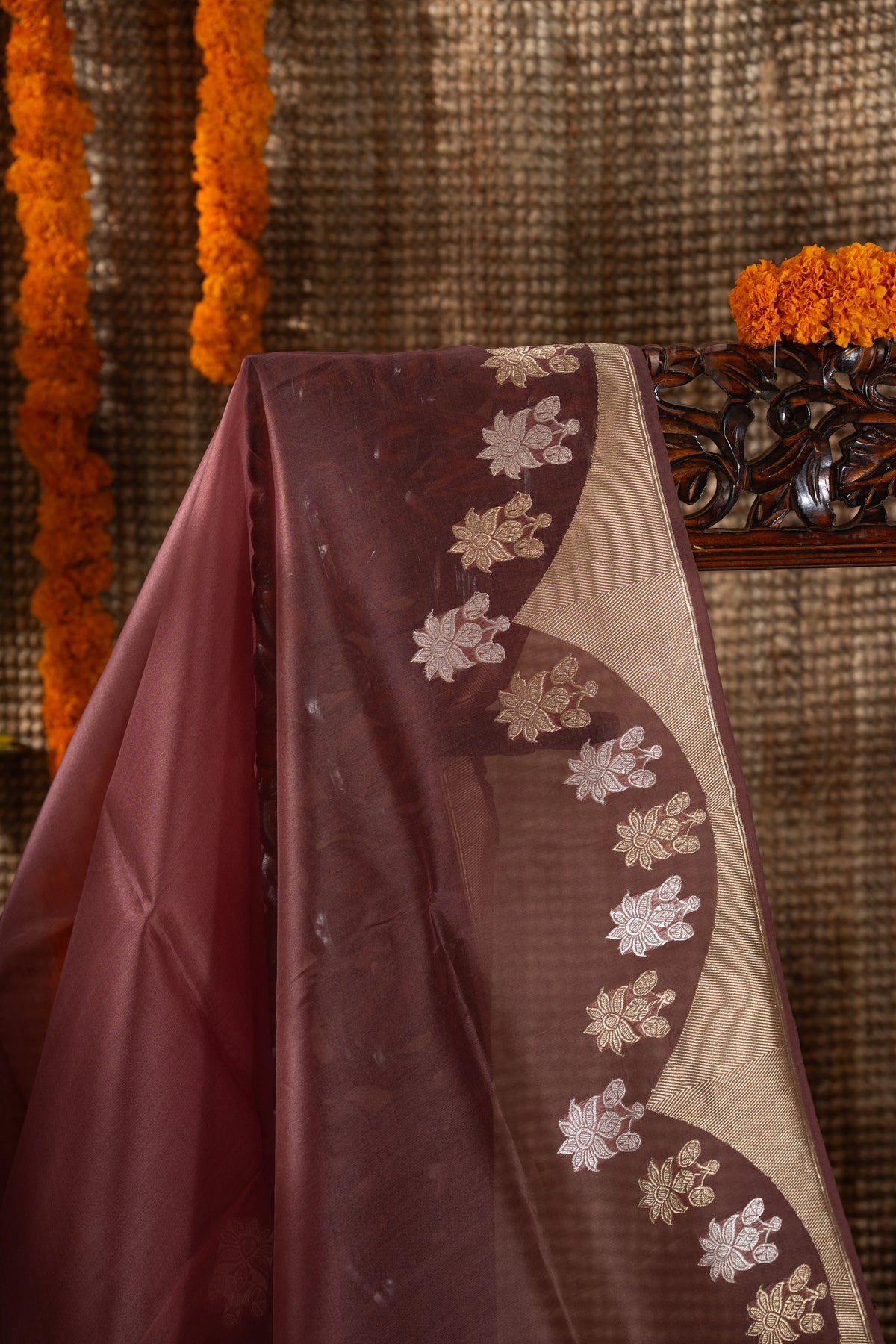 Banarasi Kora Organza Butta Brown Saree
