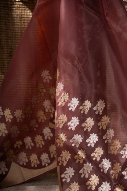 Banarasi Kora Organza Butta Brown Saree