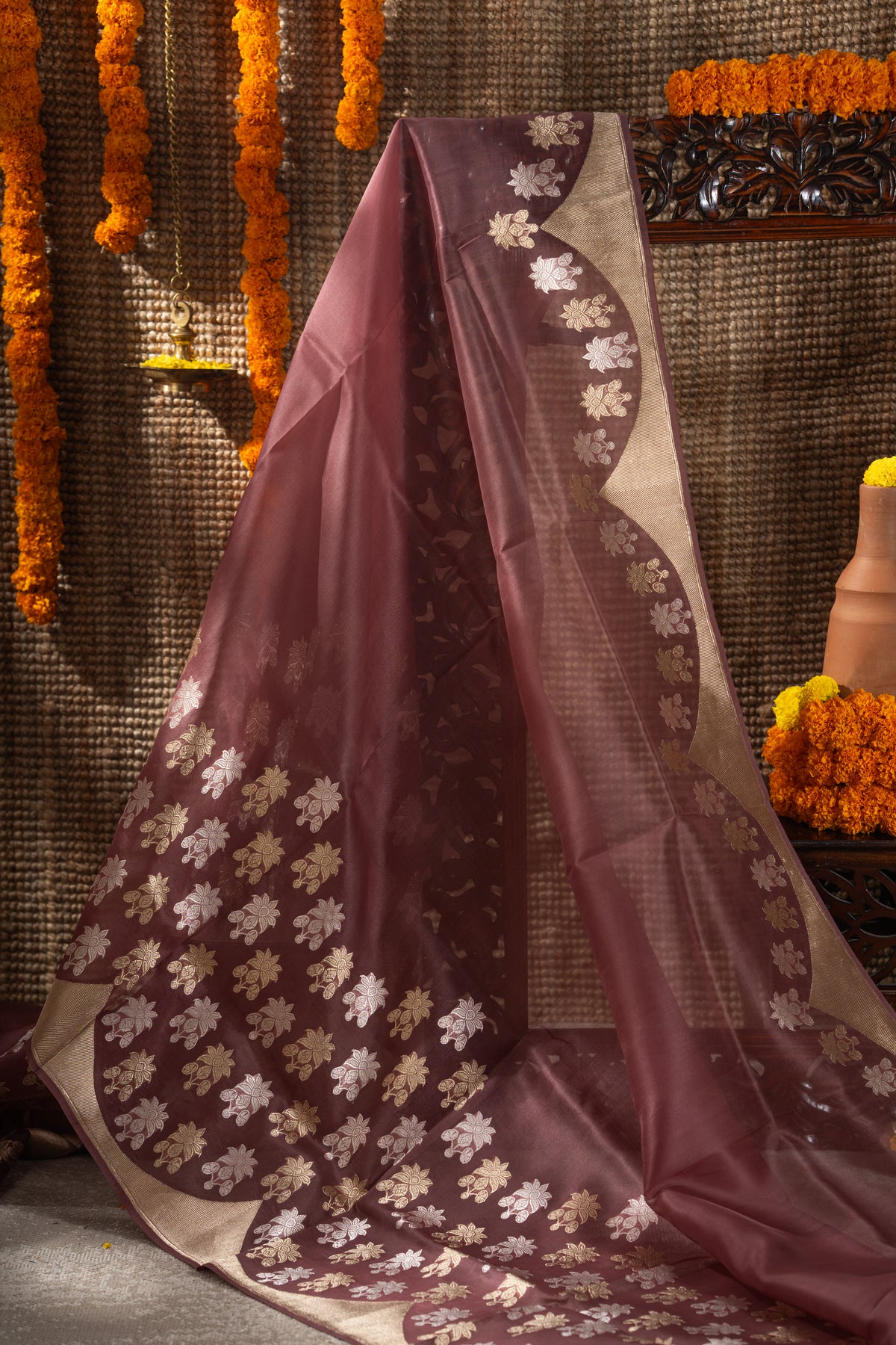 Banarasi Kora Organza Butta Brown Saree