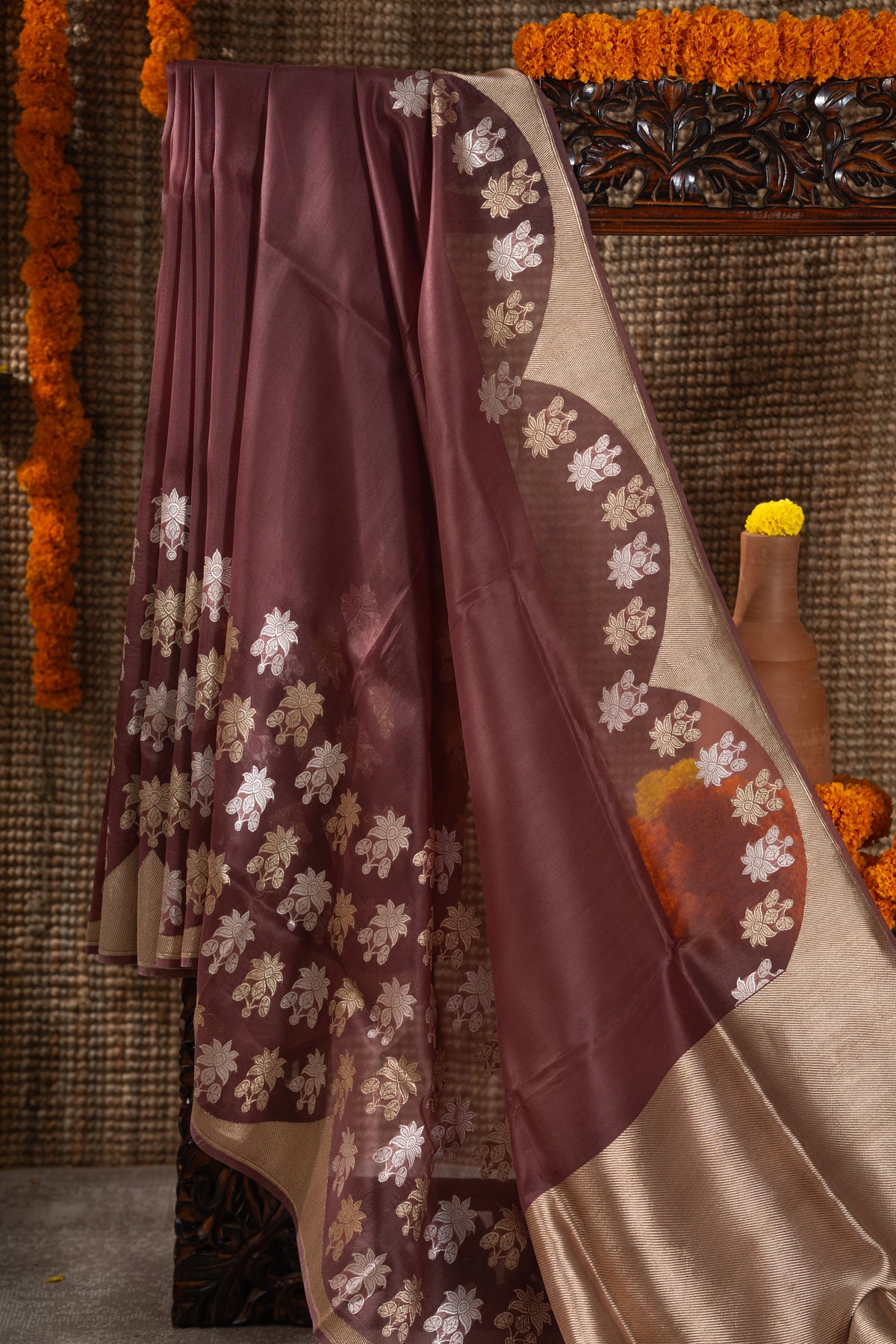 Banarasi Kora Organza Butta Brown Saree