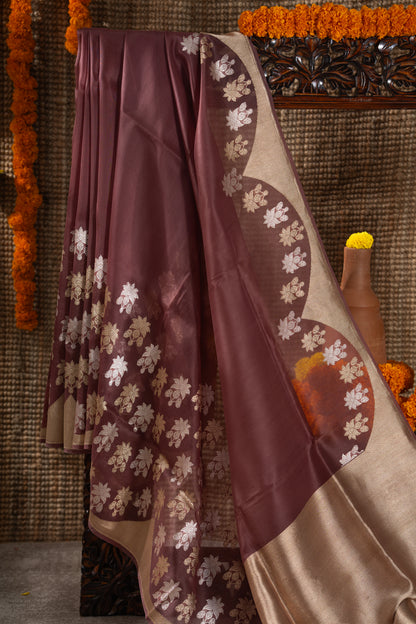 Banarasi Kora Organza Butta Brown Saree