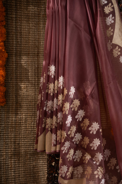 Banarasi Kora Organza Butta Brown Saree