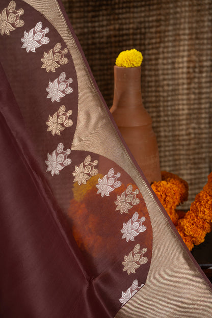 Banarasi Kora Organza Butta Brown Saree