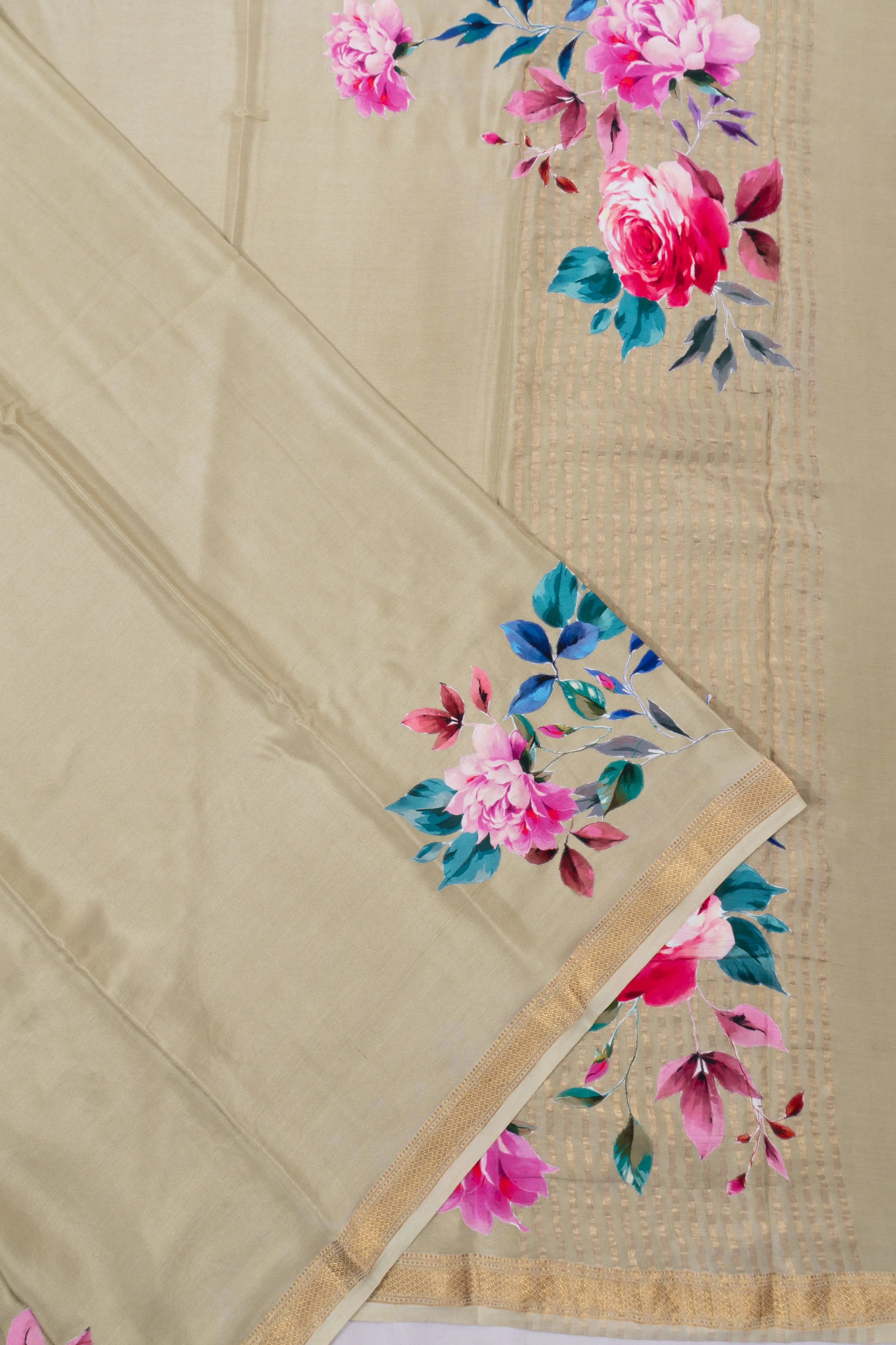 Mysore Silk Plain Beige Saree With Applique Work