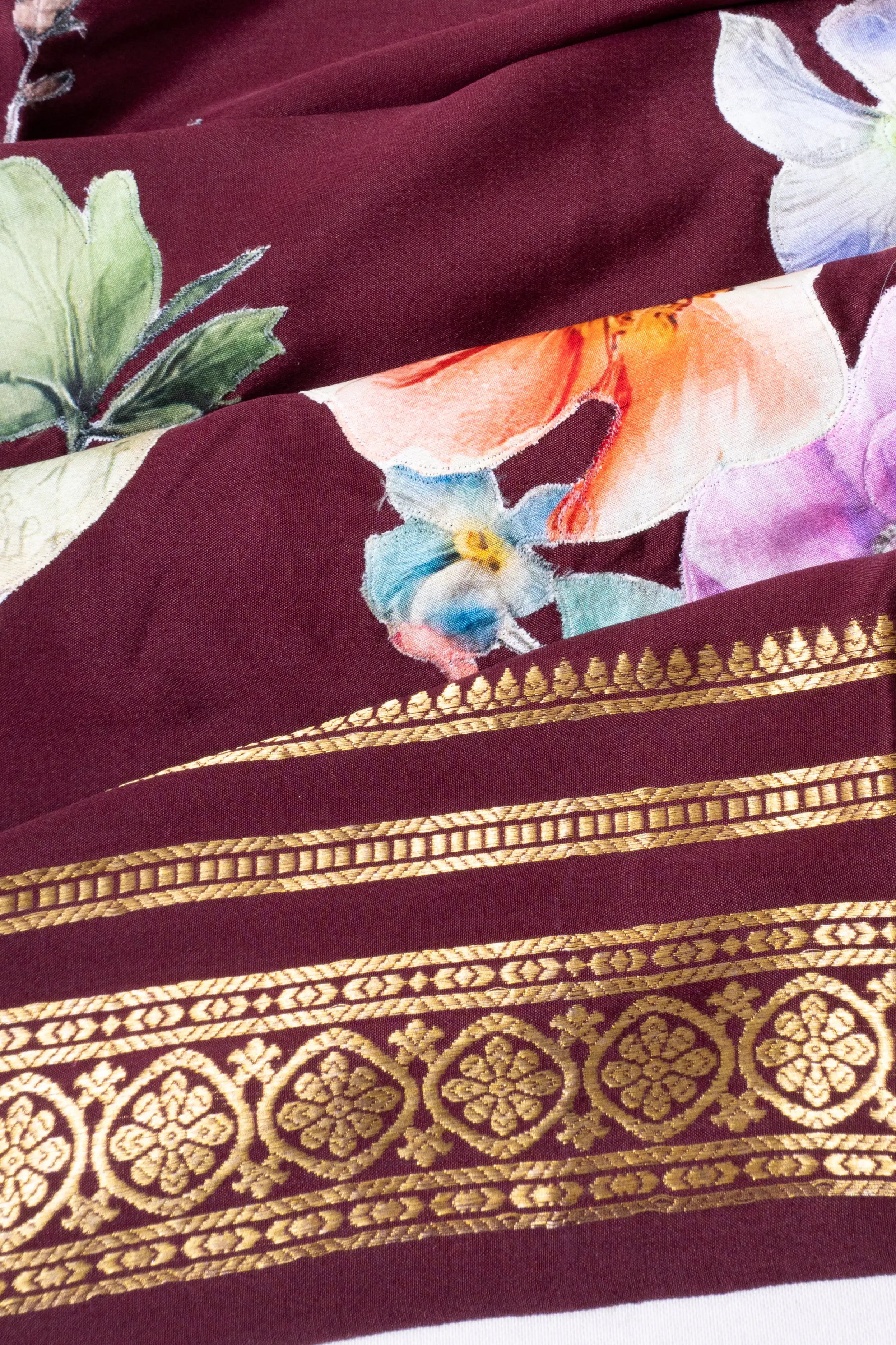 Mysore Silk Plain Maroon Saree With Applique Work