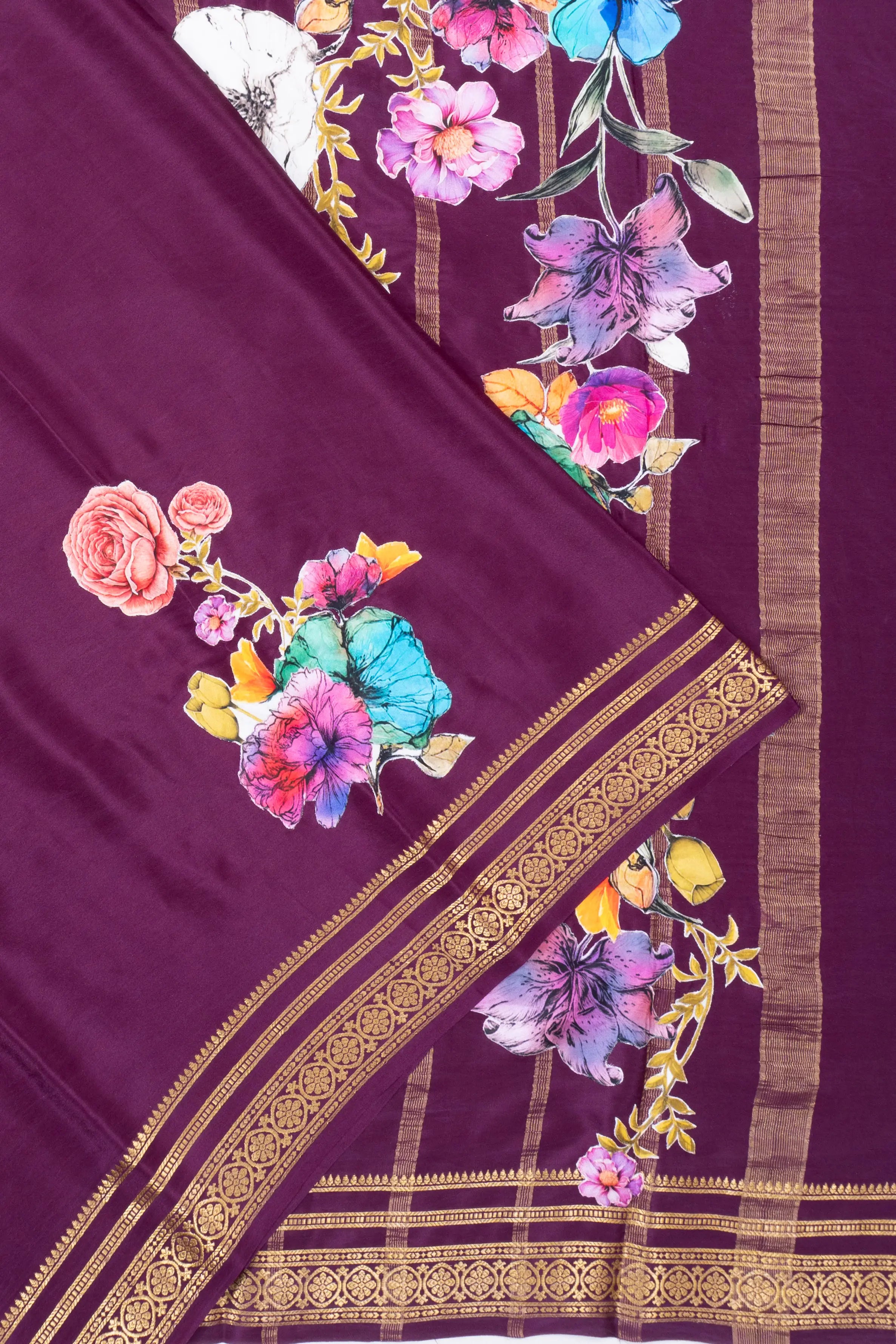 Mysore Silk Plain Deep Purple Saree With Applique Work