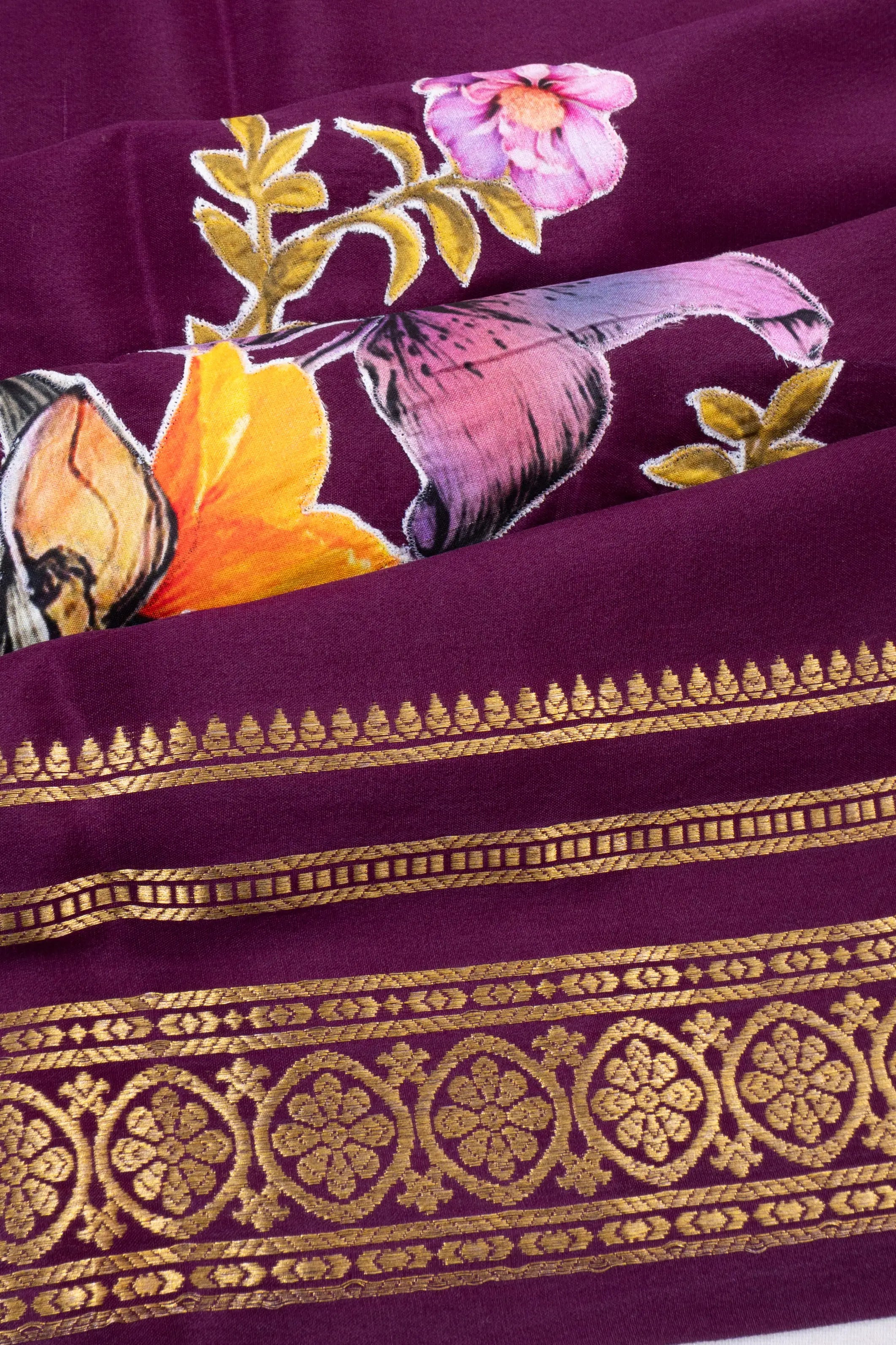Mysore Silk Plain Deep Purple Saree With Applique Work