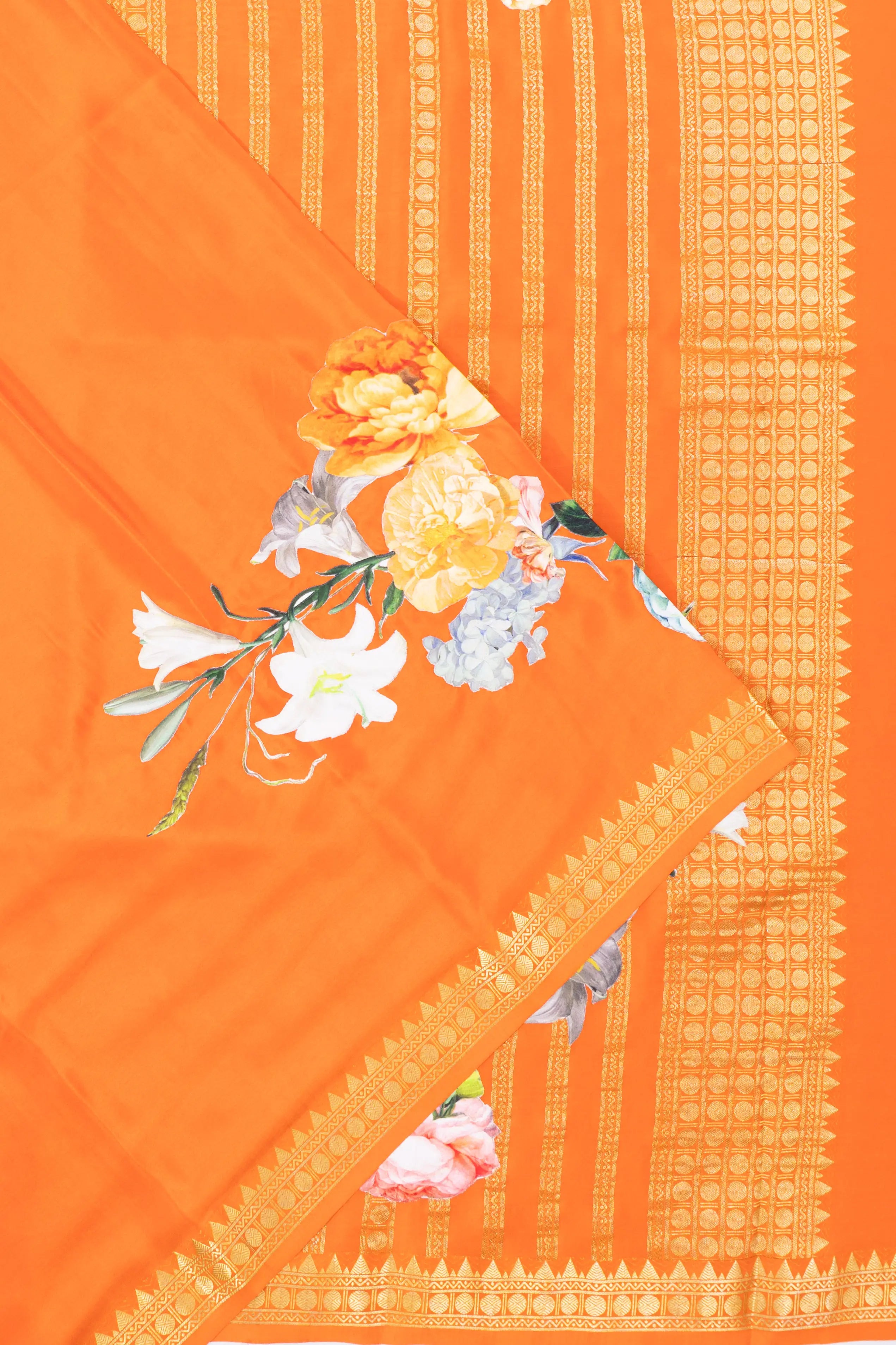 Mysore Silk Plain Orange Saree With Applique Work