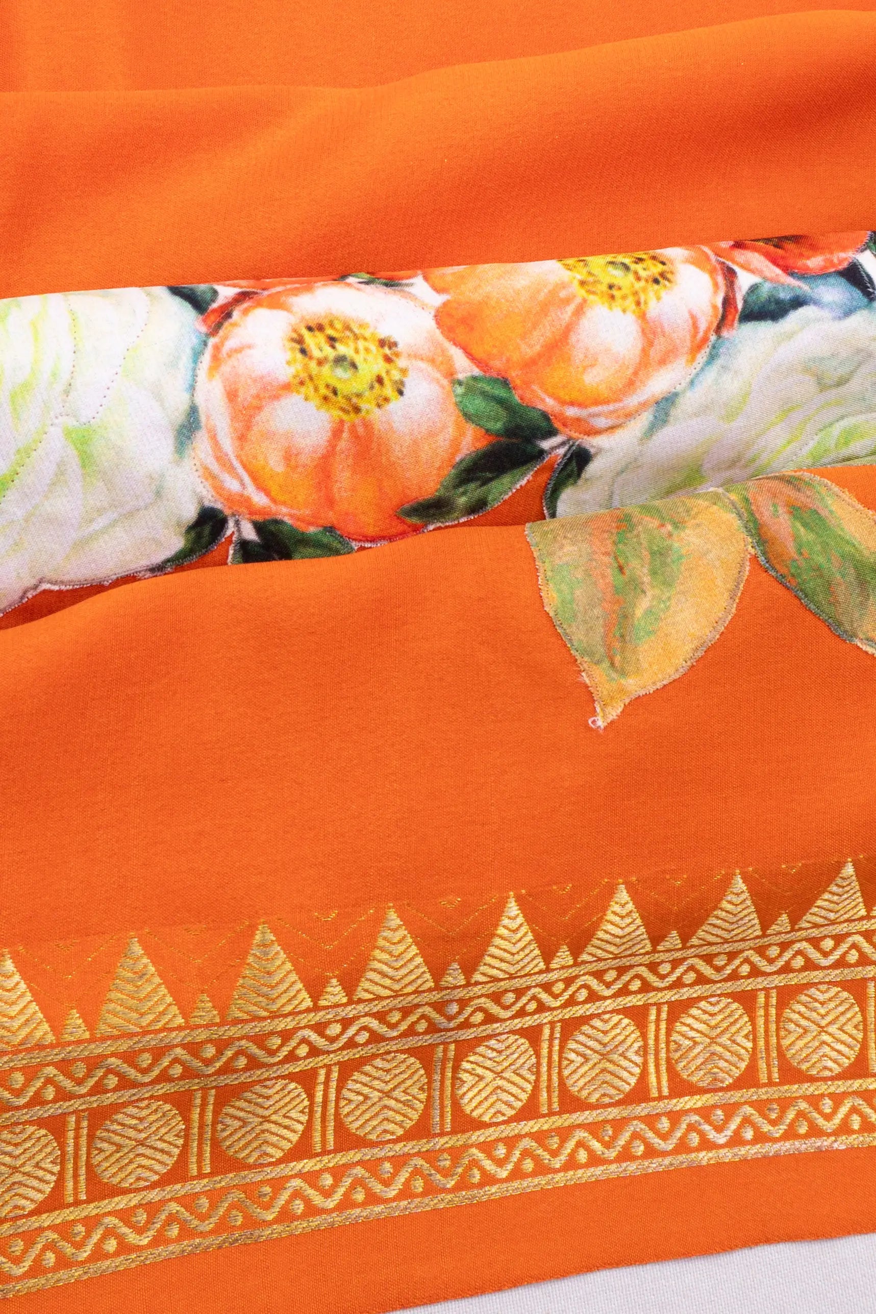 Mysore Silk Plain Orange Saree With Applique Work