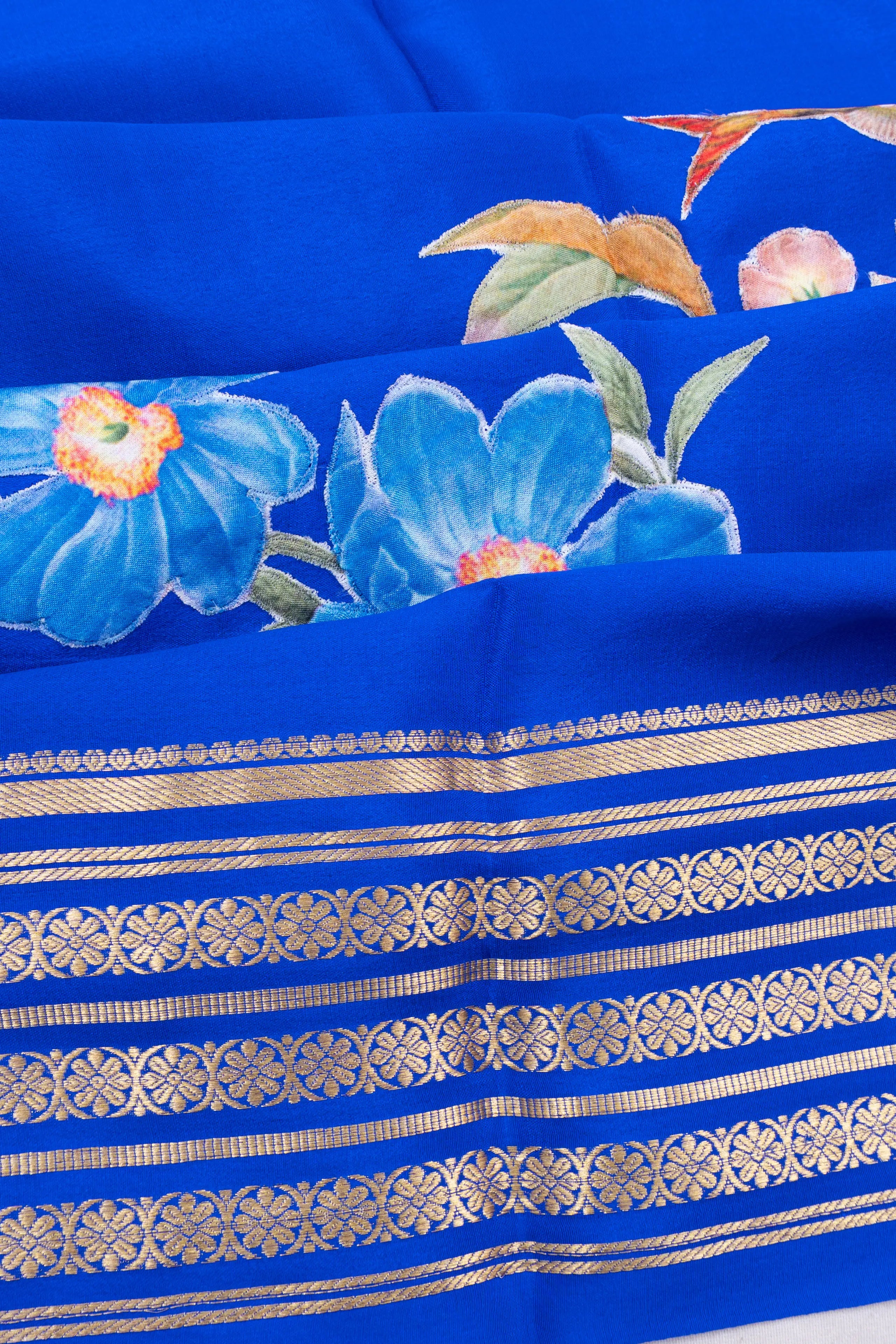 Mysore Silk Plain Royal Blue Saree With Applique Work