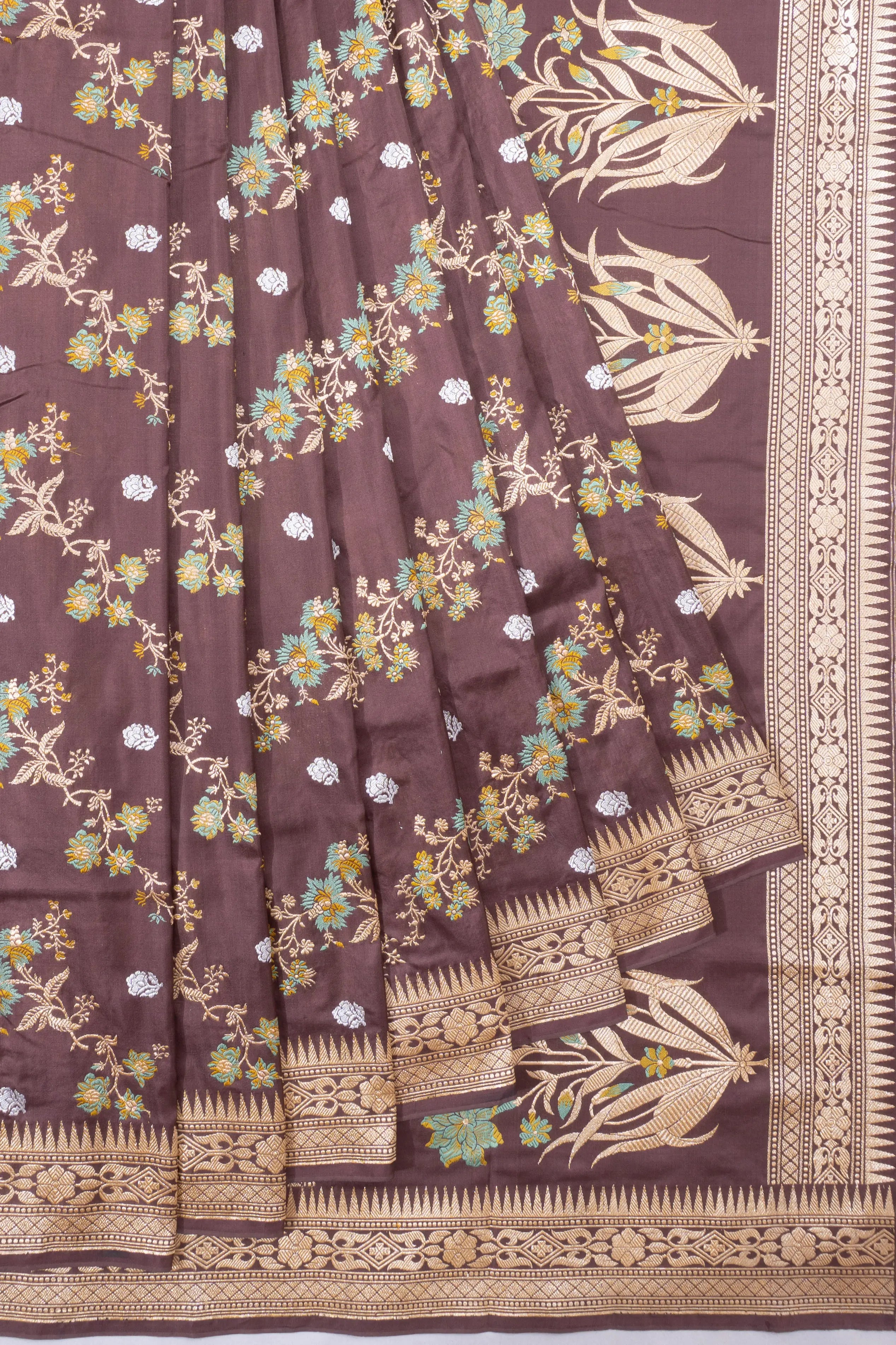 Banarasi Silk Kadwa Jaal And Butta Choco Brown Saree