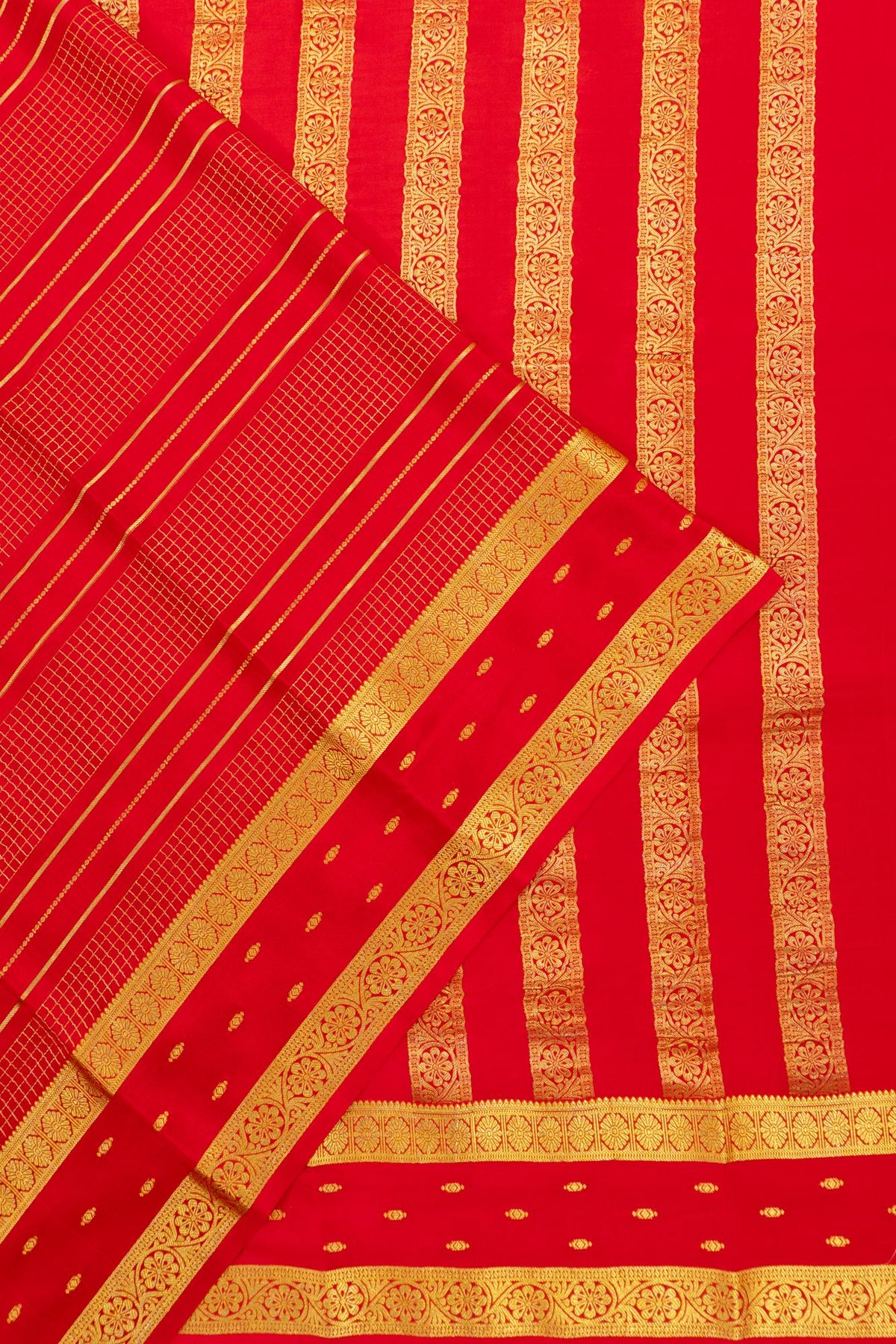 Mysore Silk Lines And Checks Red Saree