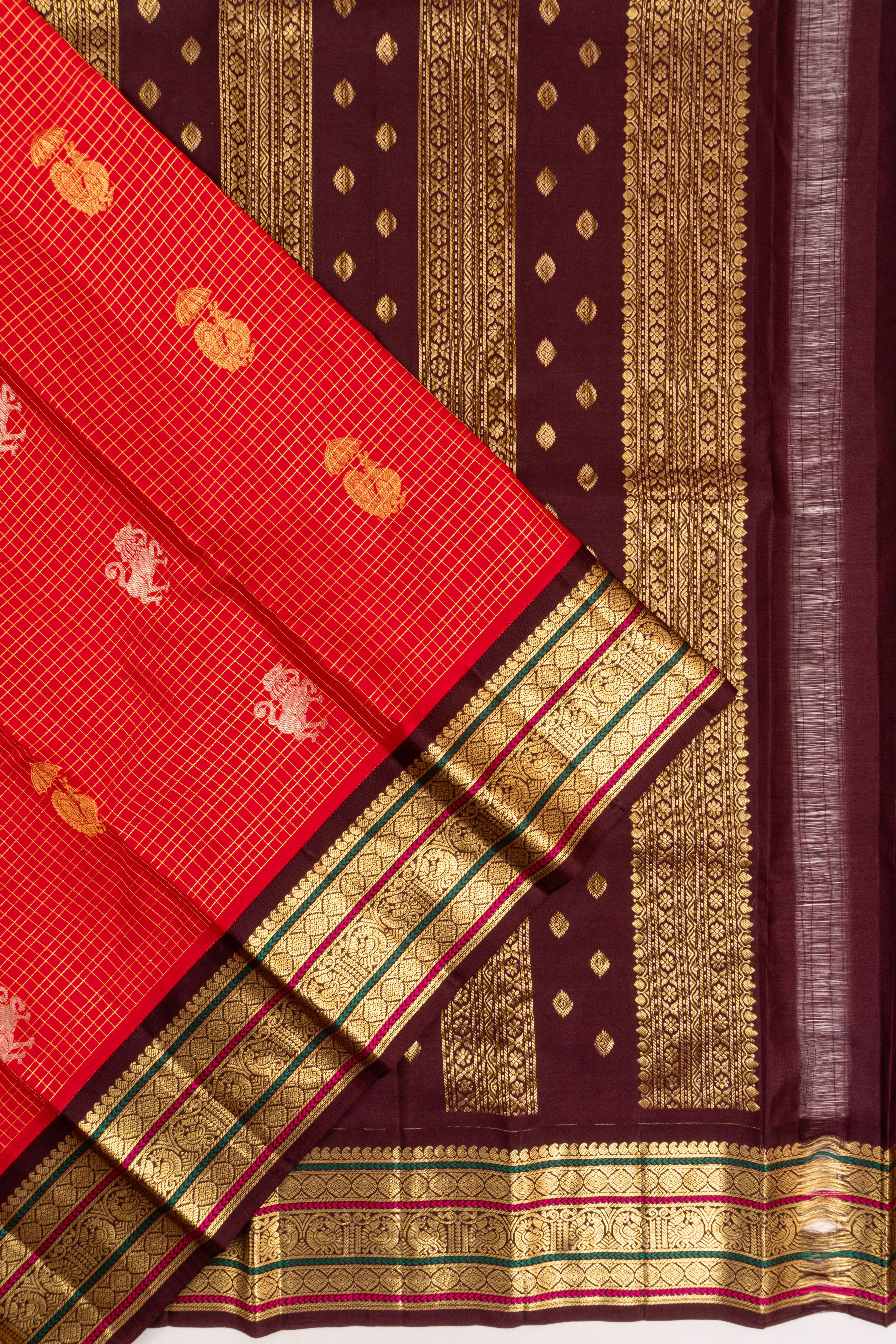 Taranga Kanchi Silk Checks And Butta Red Saree