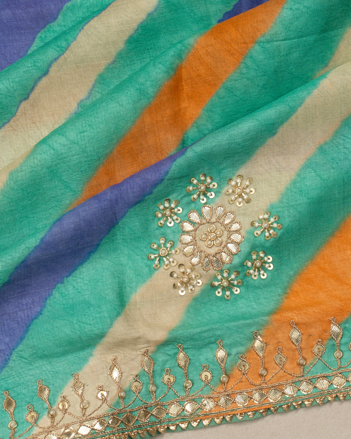 Banarasi Silk Leheriya Sequin Butta Blue Saree With Gota Patti Border