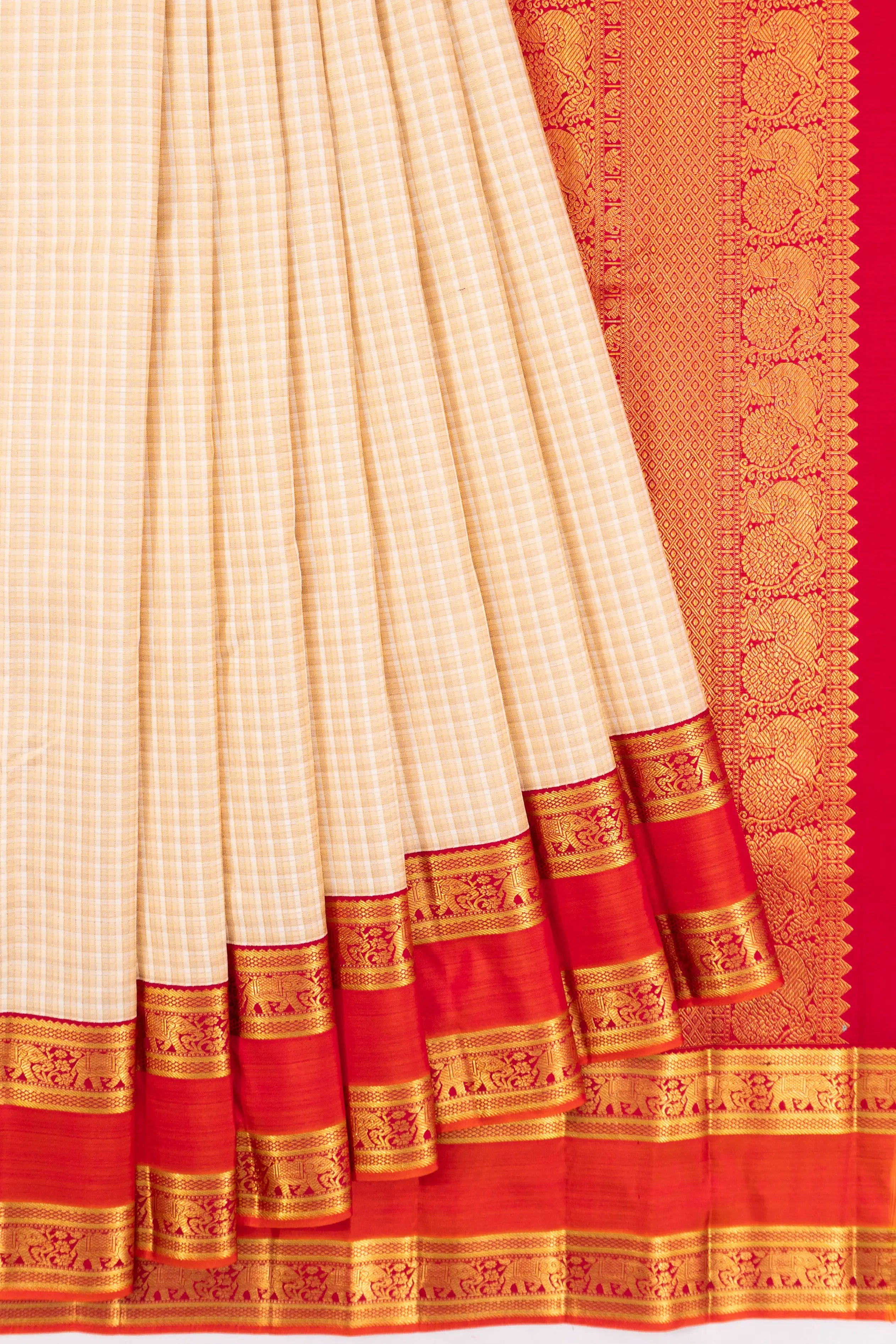 Classic Kanchipuram Silk Checks White And Brown Saree With Rettai Pettu Border