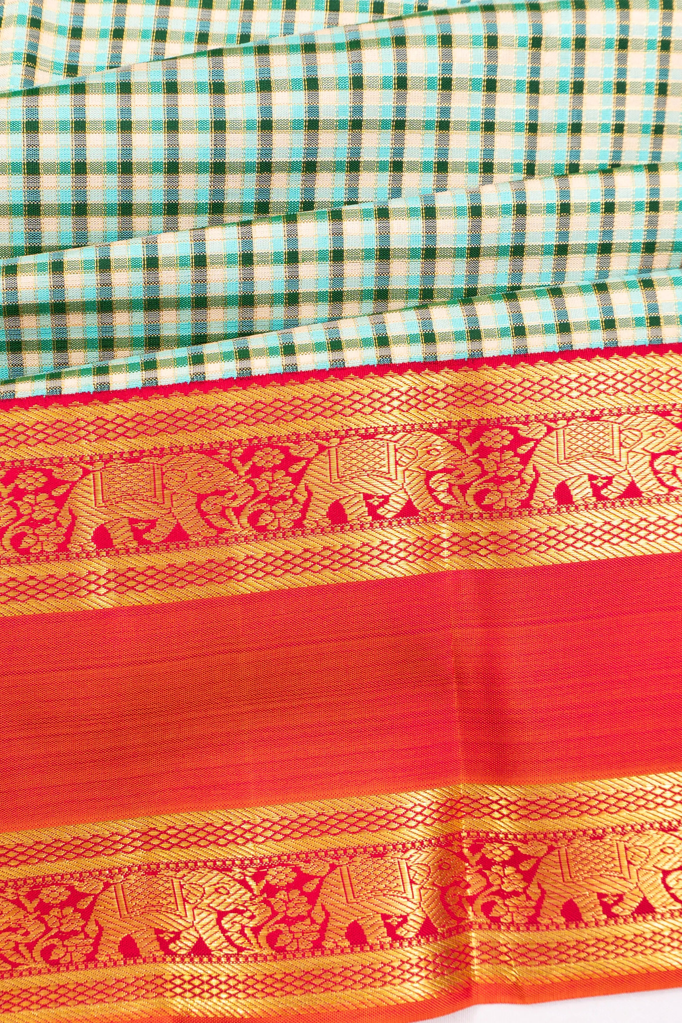 Classic Kanchipuram Silk Checks White And Green Saree With Rettai Pettu Border
