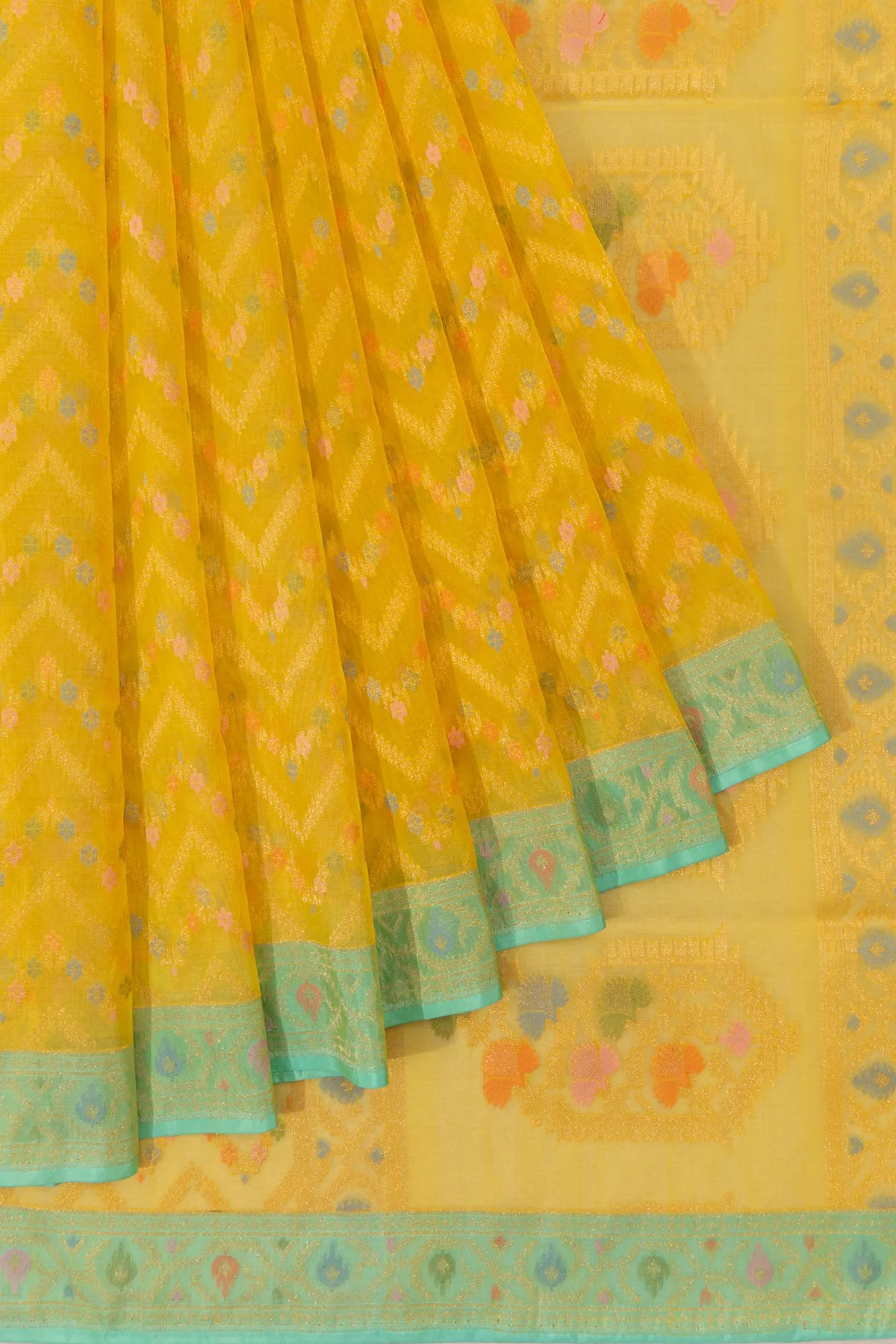 Banarasi Kora Organza Chevron Lines Yellow Saree
