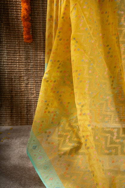 Banarasi Kora Organza Chevron Lines Yellow Saree