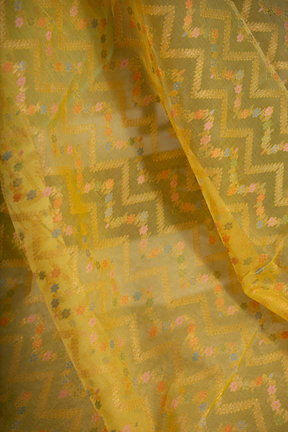 Banarasi Kora Organza Chevron Lines Yellow Saree