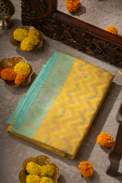 Banarasi Kora Organza Chevron Lines Yellow Saree