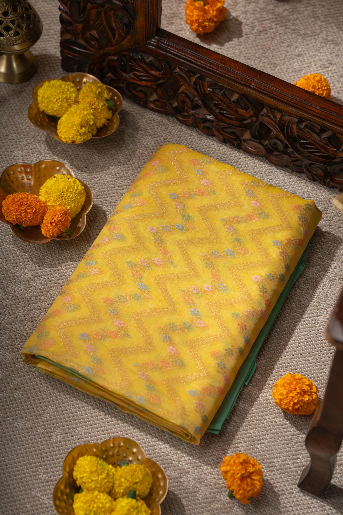 Banarasi Kora Organza Chevron Lines Yellow Saree