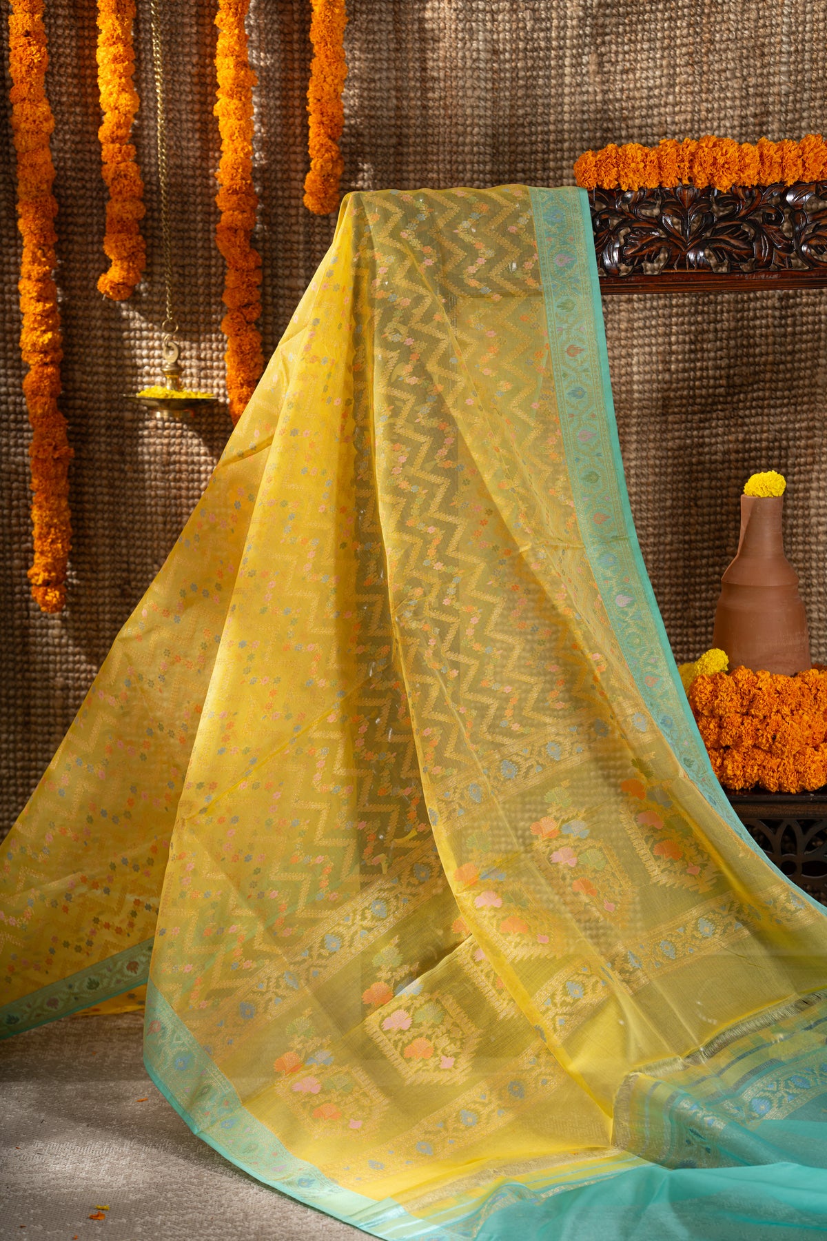 Banarasi Kora Organza Chevron Lines Yellow Saree