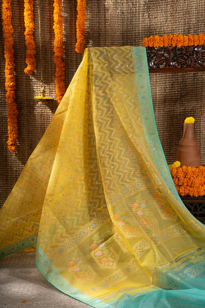 Banarasi Kora Organza Chevron Lines Yellow Saree