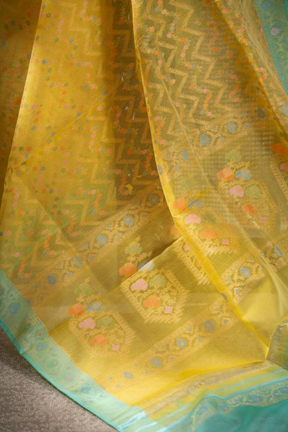 Banarasi Kora Organza Chevron Lines Yellow Saree