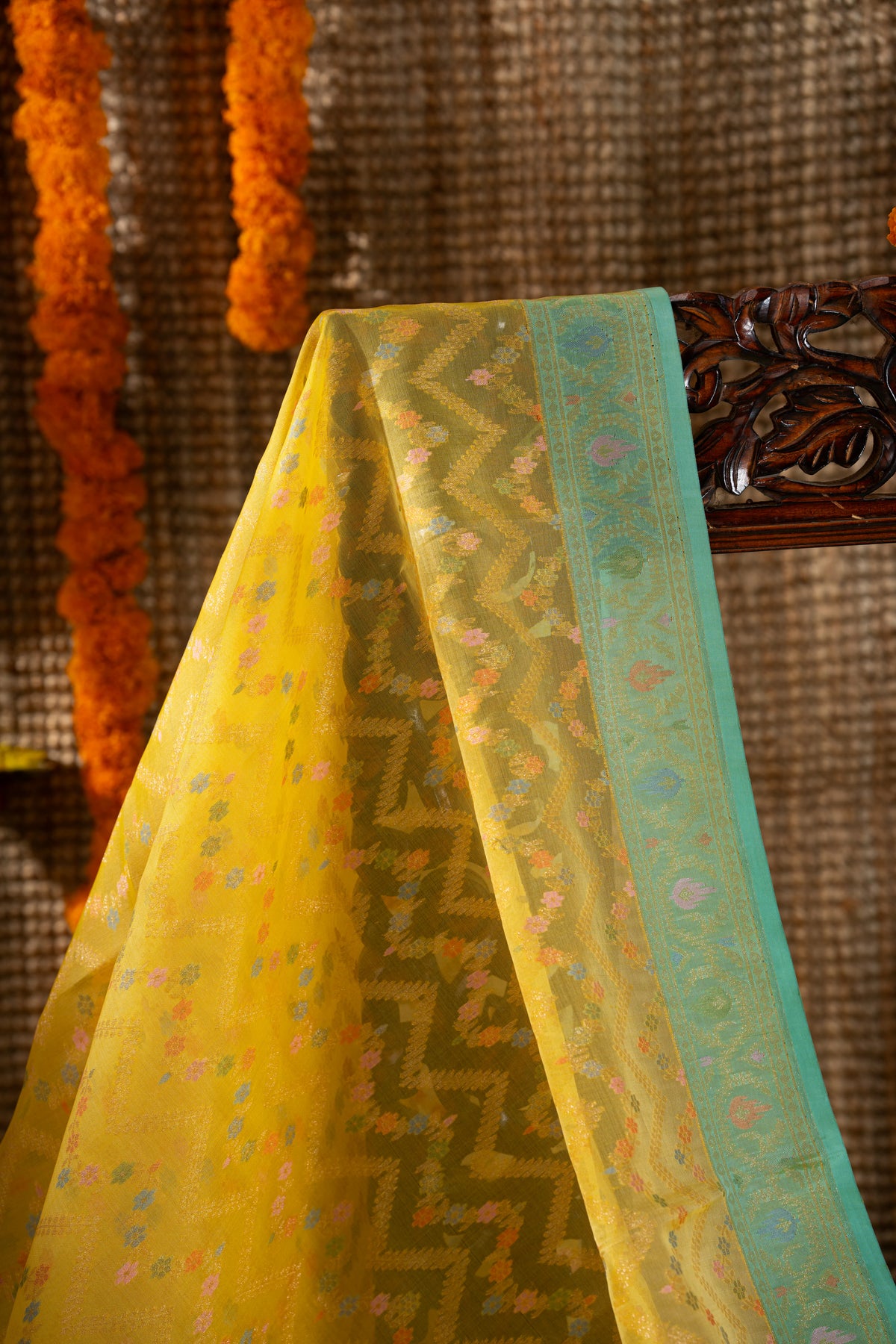 Banarasi Kora Organza Chevron Lines Yellow Saree