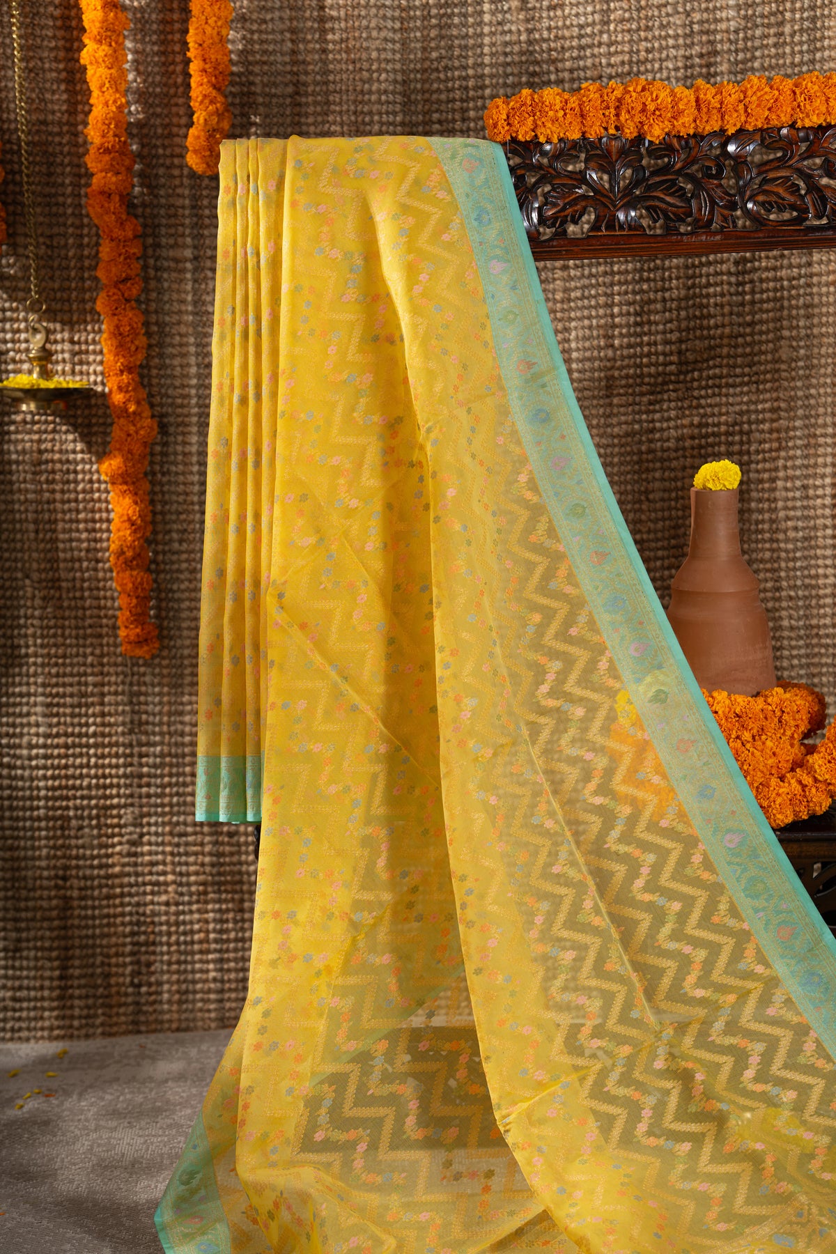 Banarasi Kora Organza Chevron Lines Yellow Saree